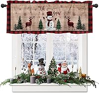 Vista 1 de Cenefa de cortina de cocina con diseño de muñeco de nieve de Navidad, cenefa de ventana con bolsillo para barra, 1 panel de cenefas para sala