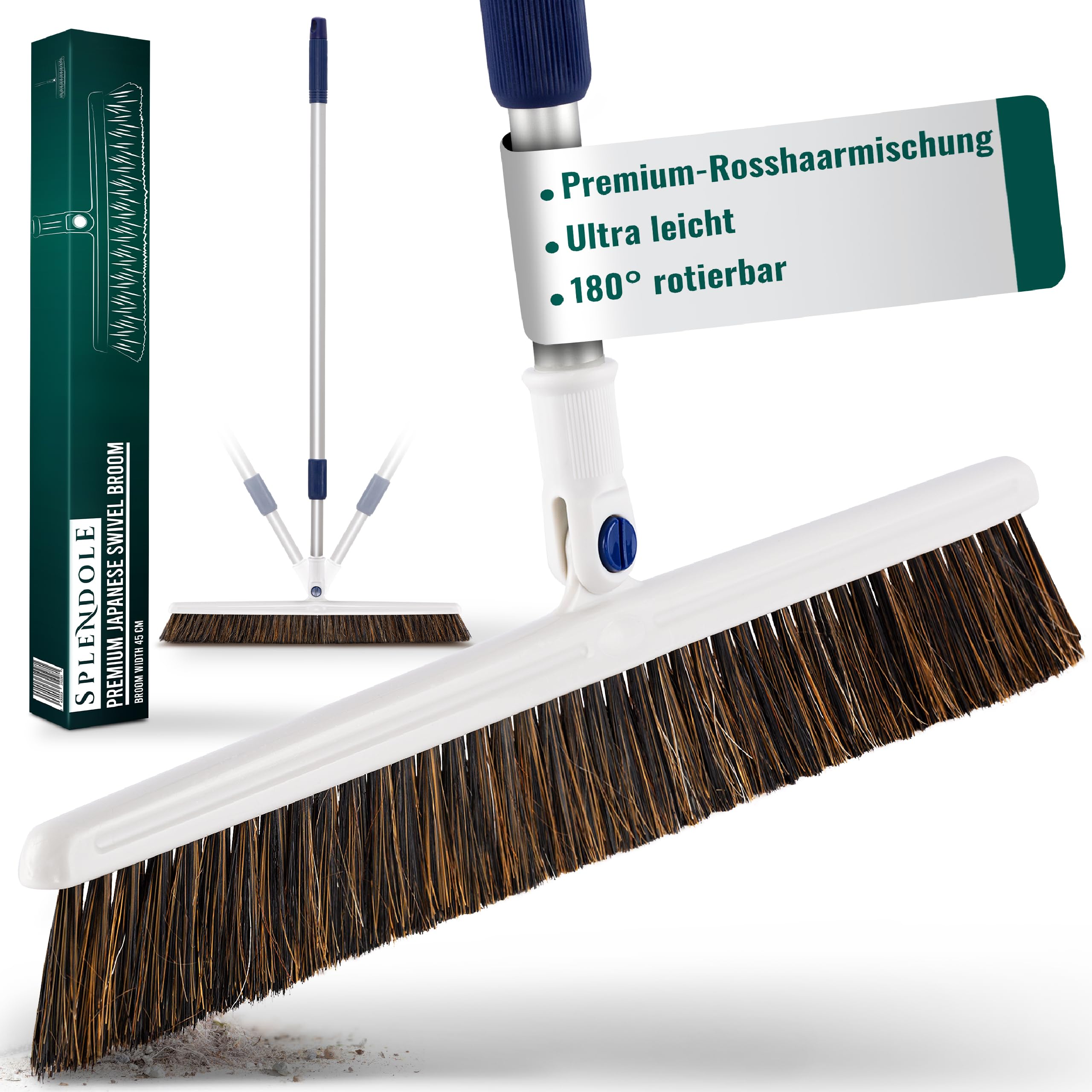 Splendole Black Swivel Broom, Premium Indoor Broom Sweeping Brush, 45 Cm Wide, Telescopic Handle, Ultra Light Weight, Premium Soft Horsehair Bristles