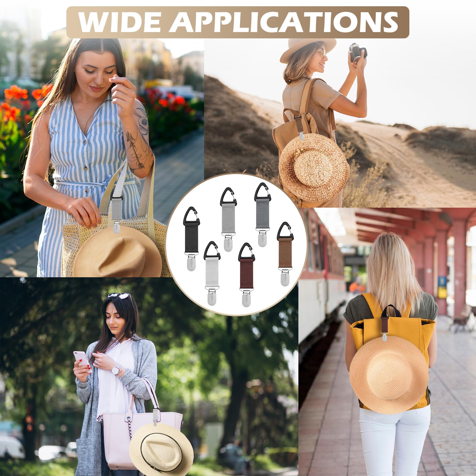 6 Piezas Clips de Viaje para Sombreros, Ganchos para Sombreros Clips para Bolsos, 6 Colores Agarre Moderado Pinzas Portátiles para Sombreros, Pinza Sujeta Sombreros Elástica para Hombres Mujeres