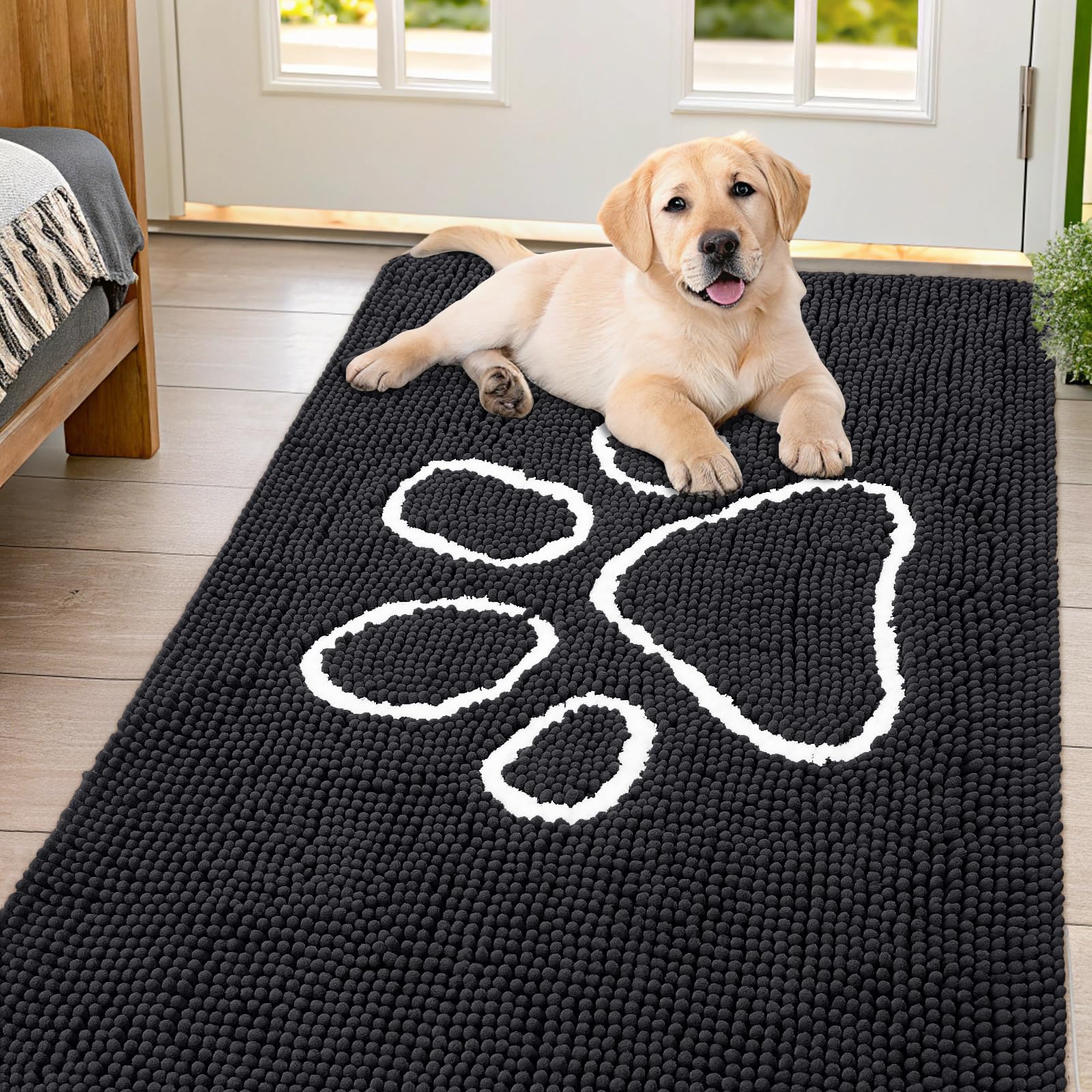 Smiry Dog Door Mat for Muddy Paws, Absorbent Dirt Trapper Non Slip Quick Dry Washable Chenille Mat for Mud Dogs, Entry Rug for Indoor and Outdoor (71x46 Inches, Black)