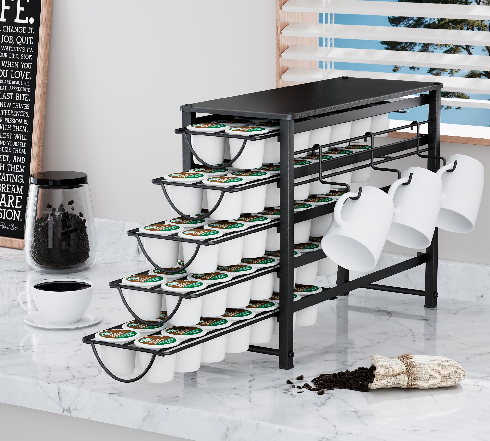 HFHOME Porta cialde da bancone, compatibile con K-Cups, cassetto in metallo a 5 ripiani, organizer per 70 cialde per bancone del caffè, casa, ufficio o cucina, rack per 3 tazze, nero