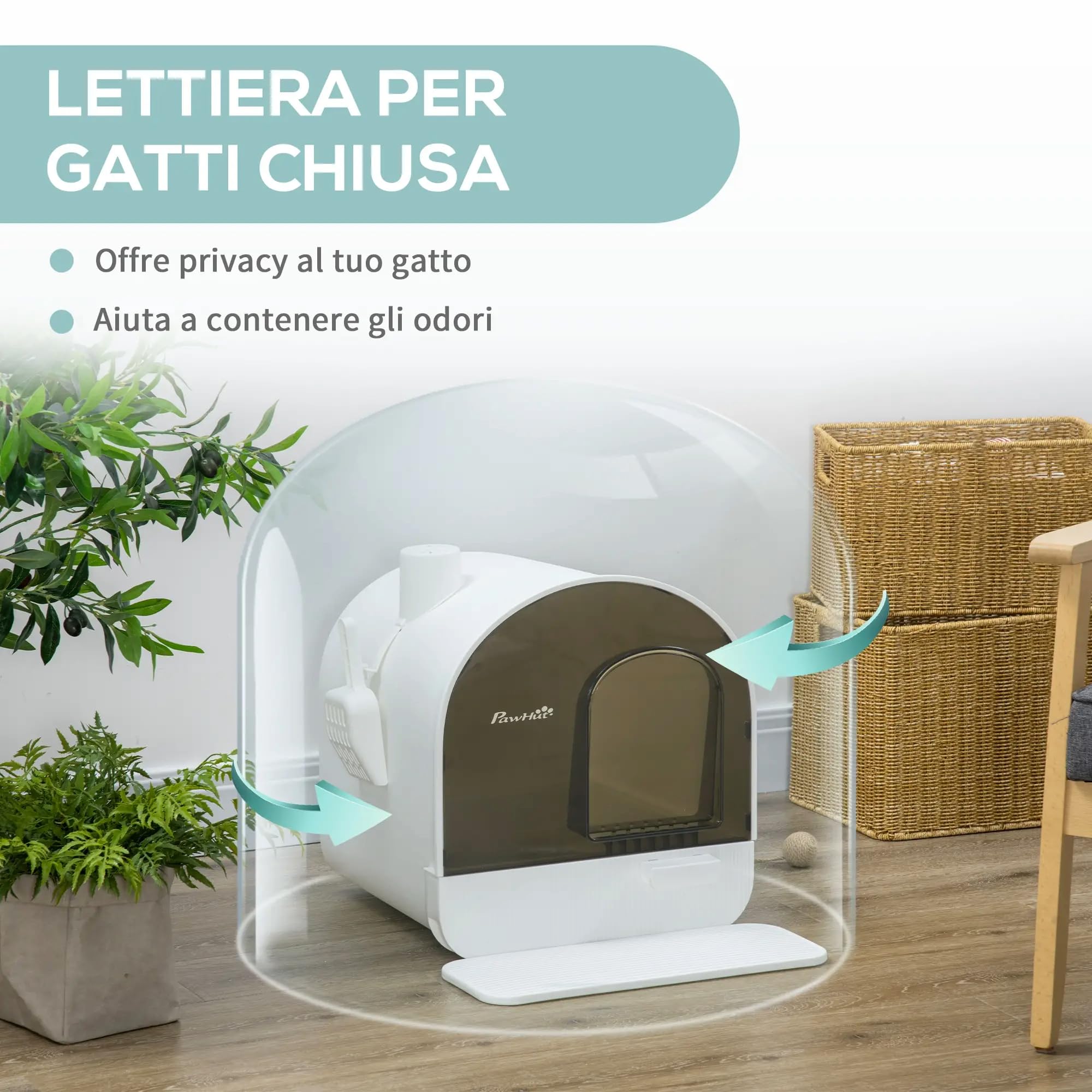 Arenero para gato cerrado con filtro antiolor, bandeja extraíble y pala incluida, diseño acogedor para gatos adultos, solución higiénica que ahorra espacio, color blanco, dimensiones 43 x 44 x 47 cm