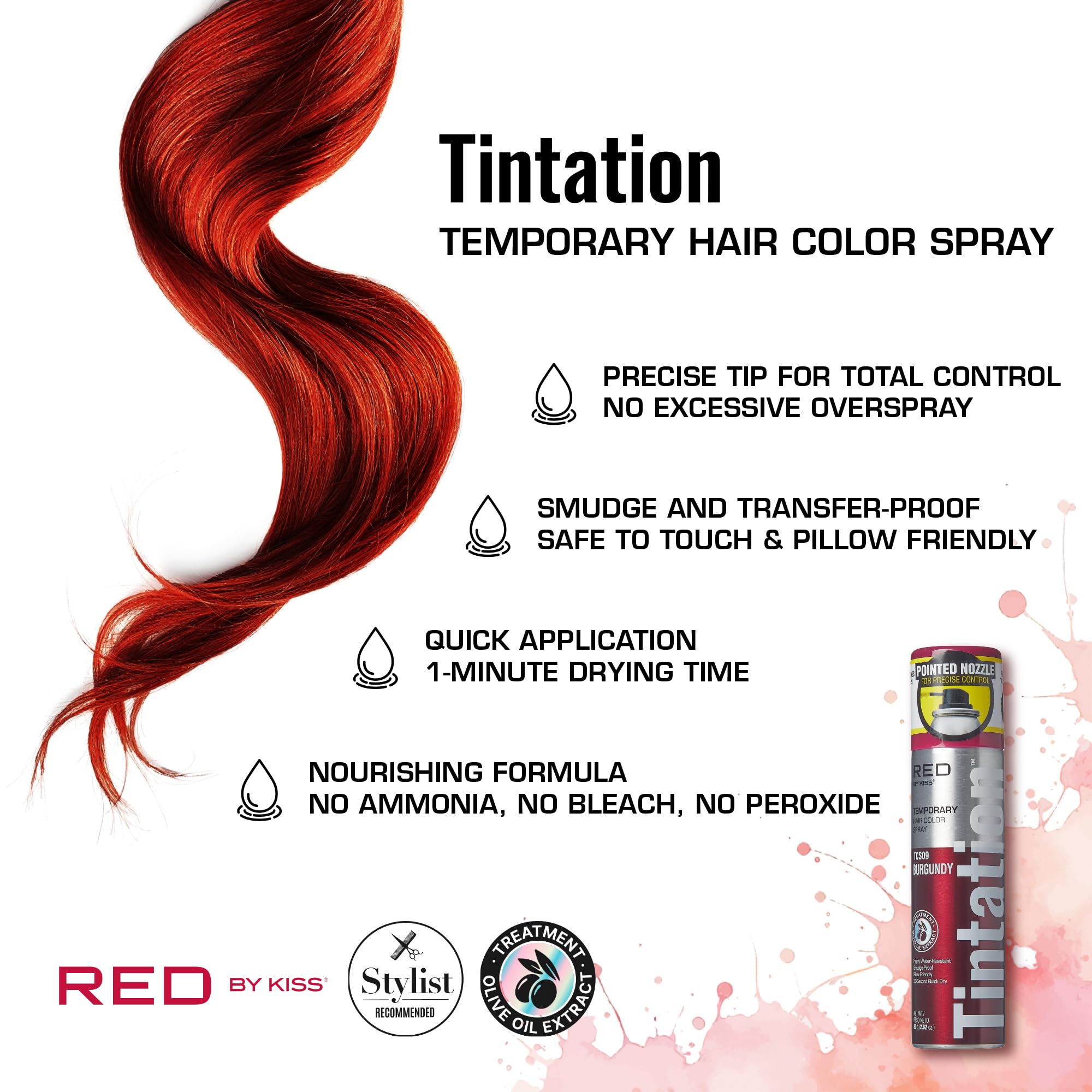 Red by Kiss Tintation Temporary Hair Color Spray 2.82oz, Quick-Dry & Smudge-Proof, Vivid Color Washable Hair Dye, Styling Spray Cosplay Halloween Birthday Party Festival (Burgundy)