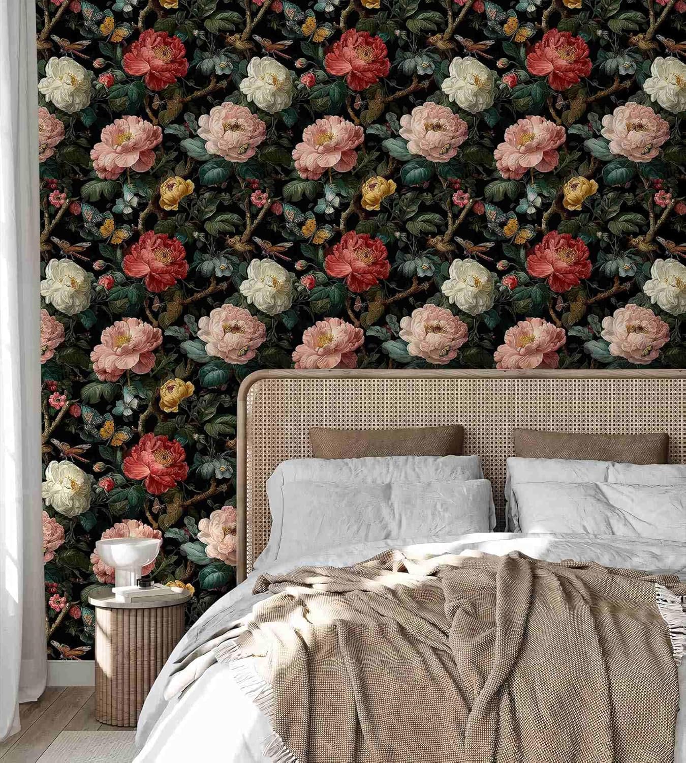 Dark Botanical Peel and Stick Wallpaper, Moody Floral Wallpaper for Home Decor | Self-Adhesive, Waterproof Vinyl, 17.7" x 118"