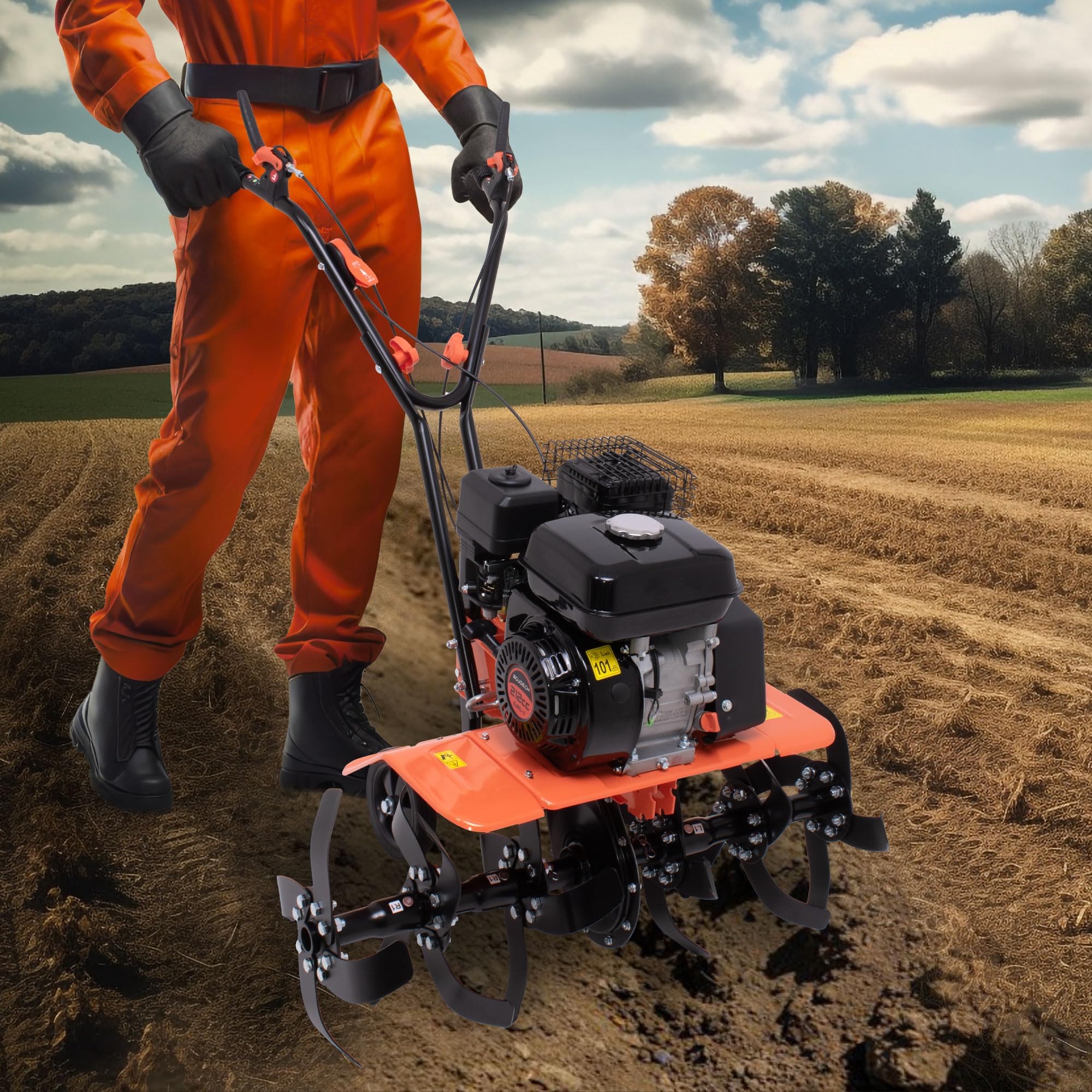Boudech Tukang 212 - Motocoltivatore per Orto a Scoppio a Benzina 4 tempi 6.1HP Motore 212cc con 6 Frese Ø40 cm 24 lame Larghezza di lavoro 34-62-85 cm Profondità di lavoro 40 cm