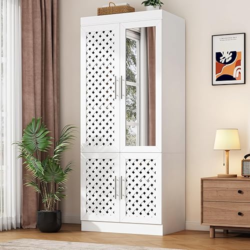 Armoire Wardrobe Closet with Woven Doors and Mirror 75.6" Large Armoire Wardrobe Cabinet with Storage Drawers and Hanging Rail, Freestanding Closets for Bedroom