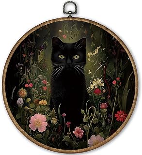 TLESKE Moody Black Cat Round Wall Art Decor Framed 10x10, Gothic Floral Flower Canvas Wall Art Prints Artwork, Vintage Wall Hanging Room Door Decor Decorations for Cat Lovers Bedroom Living Room