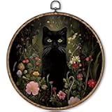 TLESKE Moody Black Cat Round Wall Art Decor Framed 10x10, Gothic Floral Flower Canvas Wall Art Prints Artwork, Vintage Wall Hanging Room Door Decor Decorations for Cat Lovers Bedroom Living Room