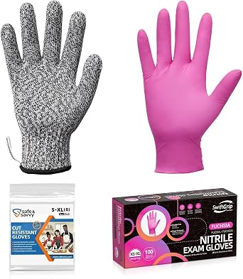 SwiftGrip Fuchsia/Pink 3-Mil Nitrile Gloves 100-Count, Medium with Black Level 5 Cut Resistant Gloves 1 Pair, Large Latex Free, Fiberglass-Free Industrial & Food Handling Safety Set