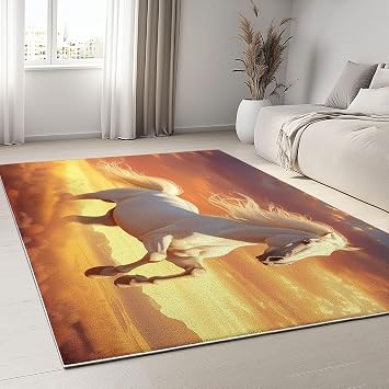 Washable Rug 6x8 ft Area Rug Sunset Animal Horse Living Room Rugs, Non Slip Machine Washble Soft Low Pile Bedroom Rugs Lightweight Carpet for Home Dinning Room