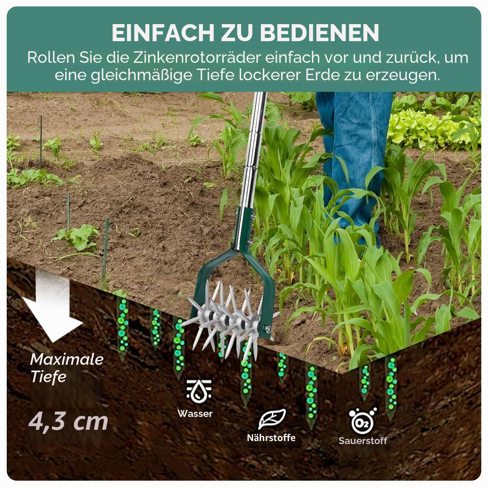 Yeelor Rotary Grubber Pinne Einstellbarer S/S Griff Rotary Pinne mit abnehmbaren massiven Metallzinken Gartenkultivator Rasenfräse und manuelle Pinne zum Lösen und Mischen von Erde