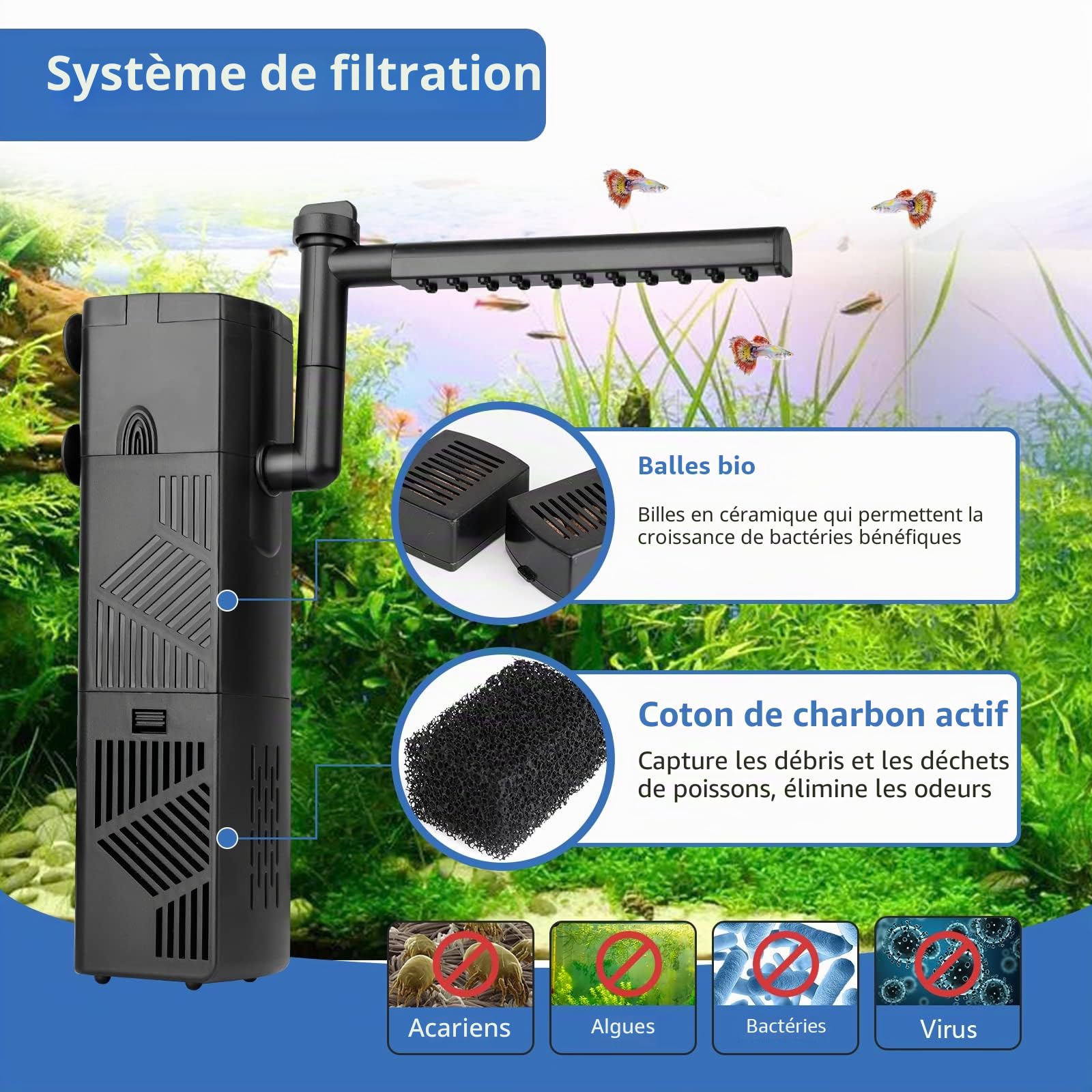 hygger Filtre Interieur Aquarium,600L/H Filtre Interieur Débit d'eau Réglable Submersible avec,10W Faible Débit d'eau Filtre d'aquarium pour Aquarium Jusqu'à Tortue, Postuler à 60-120L