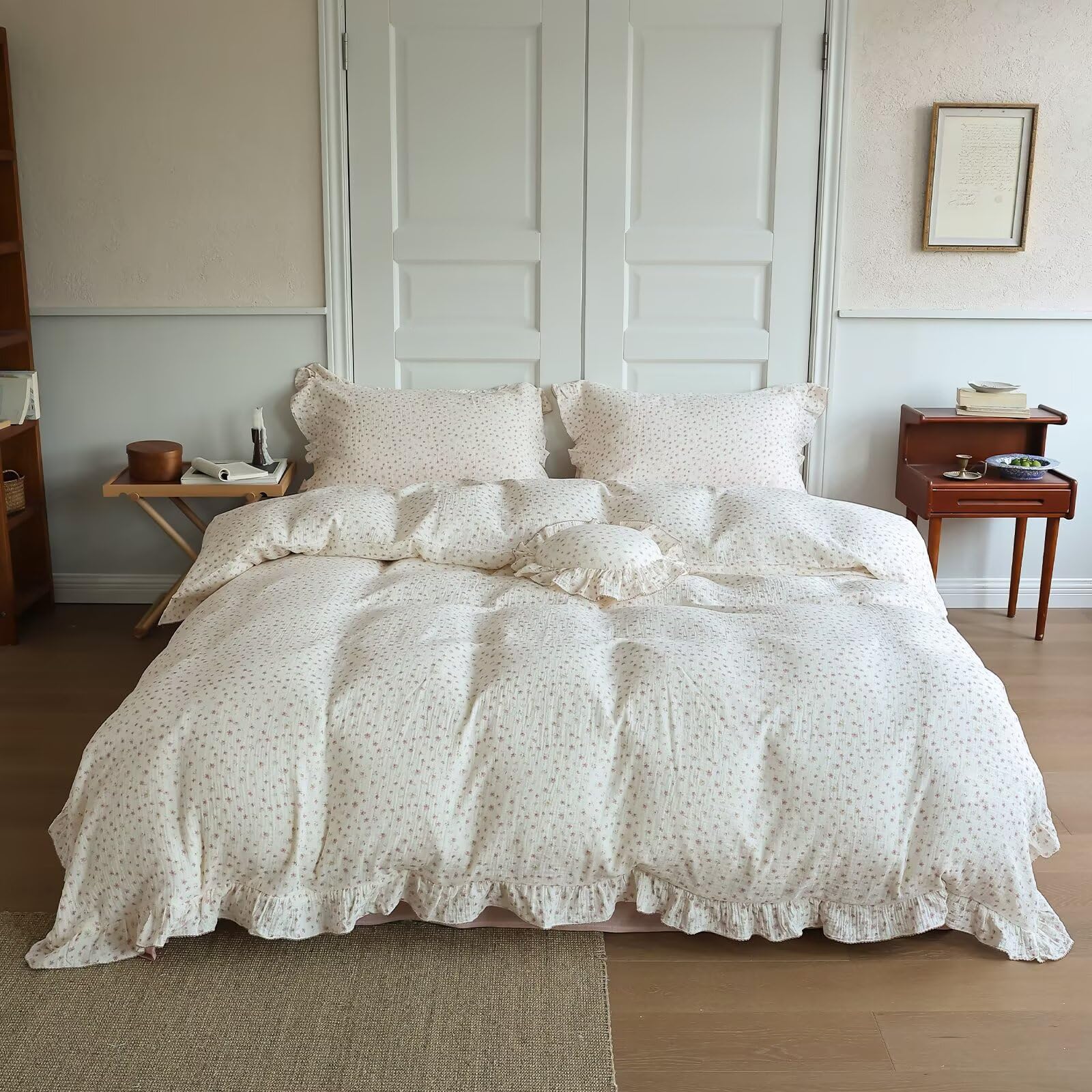 BuLuTu Pink Floral Duvet Cover Queen Princess Ruffled Bedding, No Pillow