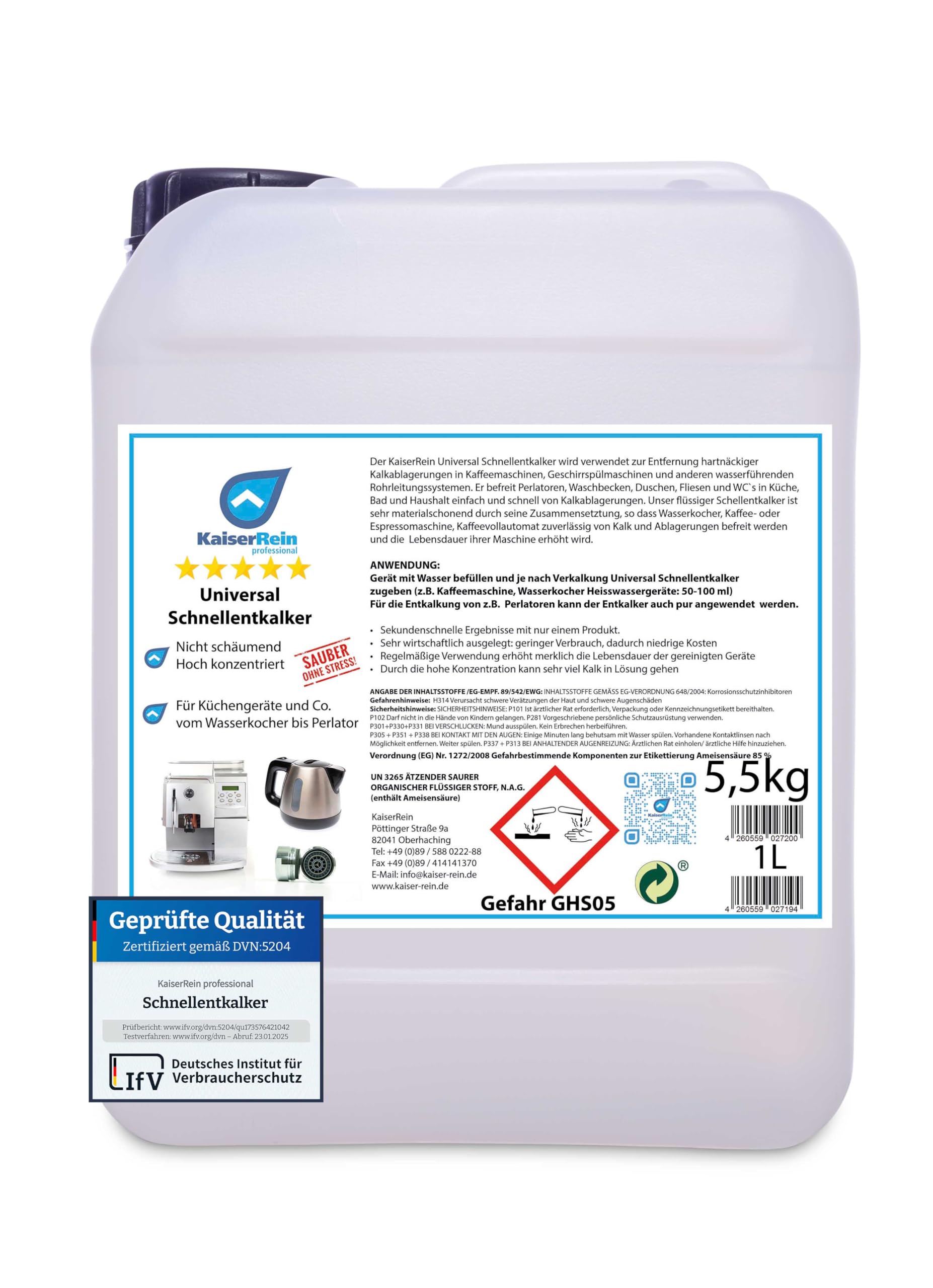 KaiserRein Universal Schnellentkalker im 5L Kanister (Inh.5,5kg) Entlalker Kalklöser extra stark z.B. für Kaffeemaschine, Wasserkocher, Heisswassergeräte, Perlatoren usw.