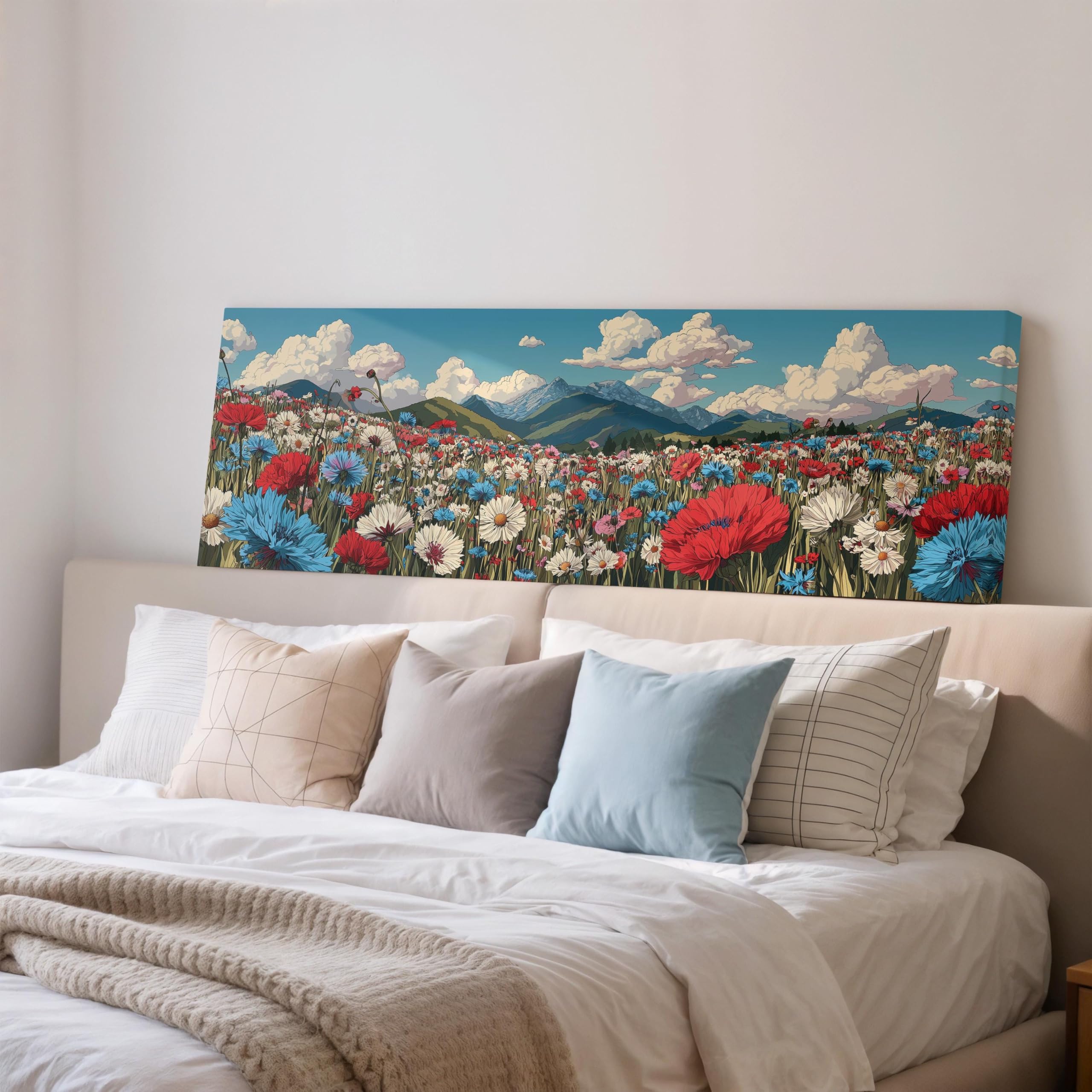 XBTYKPB Wildflower Meadow Art, Panoramic Landscape Print, Animals Wall Decor, Wide Framed Canvas, Large Flowers,Mountain Scenery(30x90cm/Frameless)
