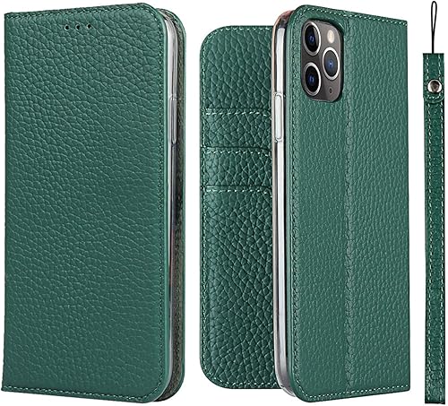iCoverCase Compatible con iPhone 11 Pro Max, funda magnética de piel auténtica con bloqueo RFID, correa para la muñeca y ranuras para tarjetas,