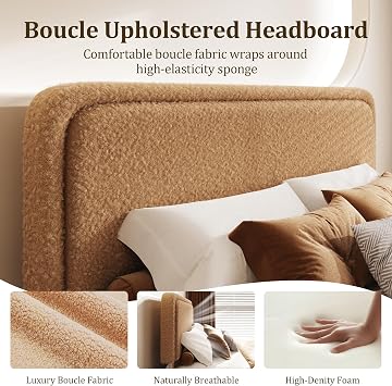 Sismplly Full Size Cloud Bed Frame with Adjustable Padded Headboard (43.3-45.3), Boucle Fabric, Upholstered Platform Bed, No Box Spring Needed, Modern Soft Bed Base, Easy Assembly, Camel