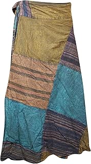 Mogul Interior Wrap Around Skirts Cotton Beige Blue Patchwork Midi Skirts One Size
