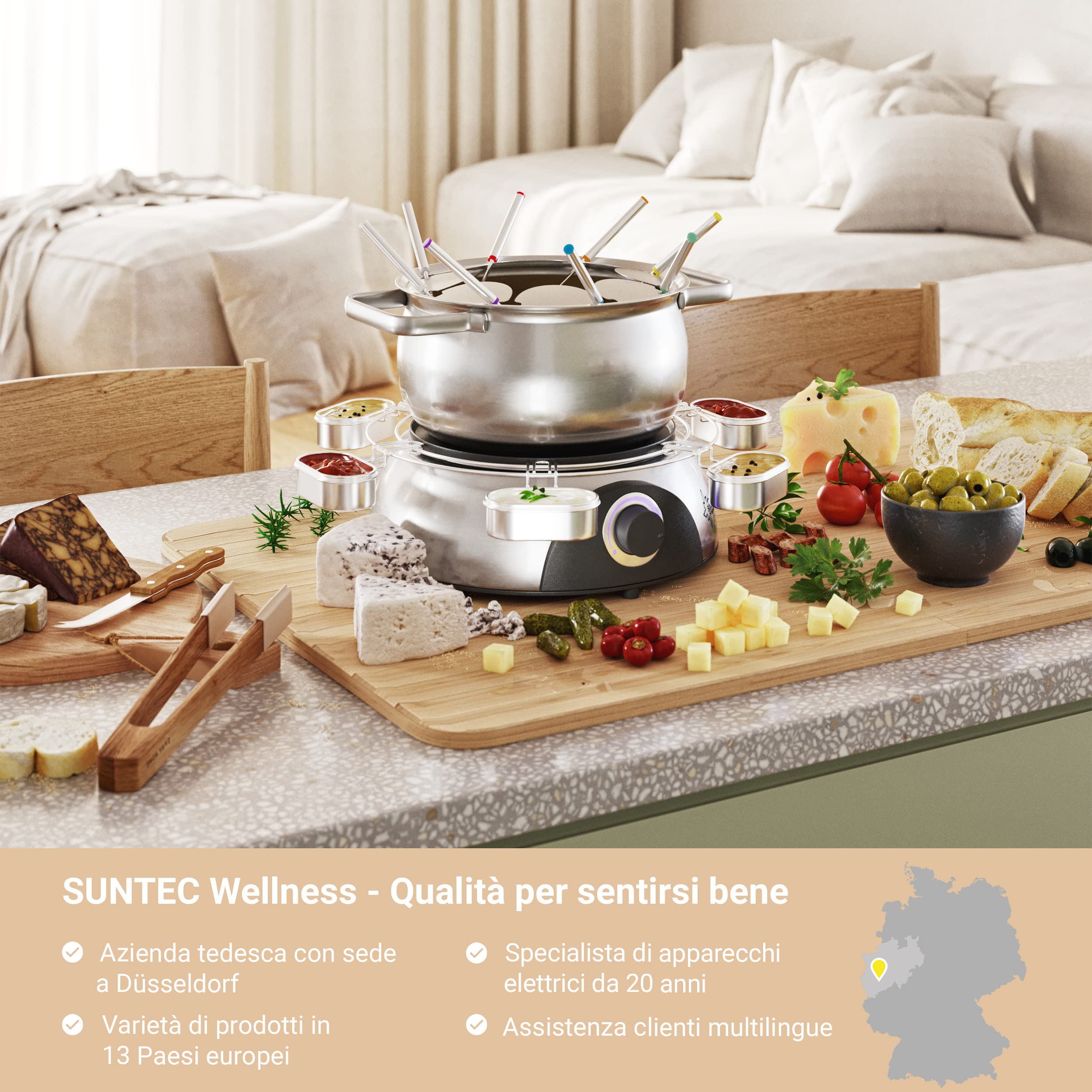 SUNTEC Fondue elettrica Fino a 8 Persone – Forchette + paraspruzzi + Supporto per Salse – Alternativa alla raclette – Pentola per Formaggio + Cioccolata + Grasso – Set in Acciaio Inox FON-8014 V2A