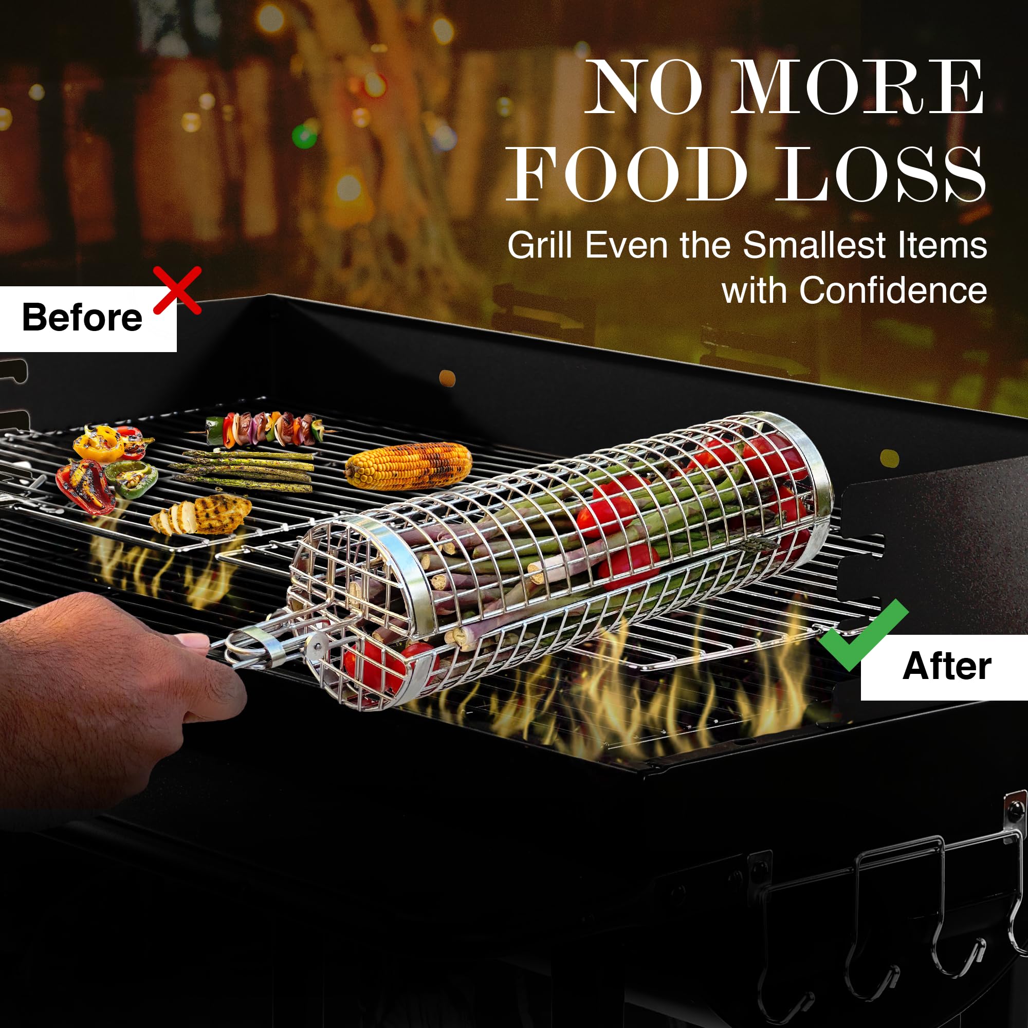 Grill Well 2.0 - Rolling Grill Basket (2 PCs) for Vegetables, Kebob, Shrimp | BBQ Grilling Accessories for Outdoor Cooking & Camping | Perfect Father's Day Gift for Men, Step Dad, Grandpa