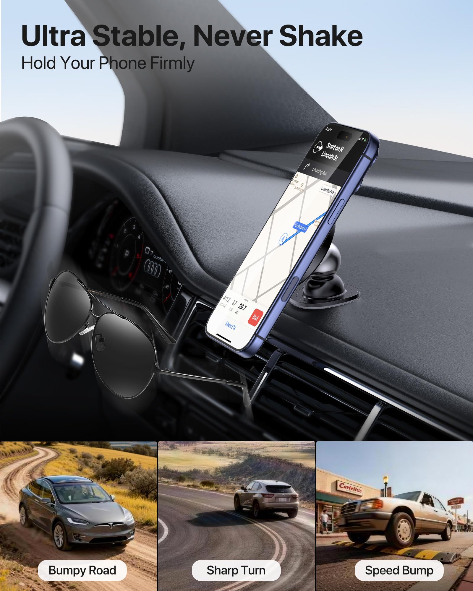 Miracase Latest Upgrade for MagSafe Car Mount [33+LBS Strong Suction & 2200gf Magnetic] Small Phone Holders for Your Car Dashboard, 360° Adjustable Car Phone Holder Mount for iPhone Garmin GPS view 9