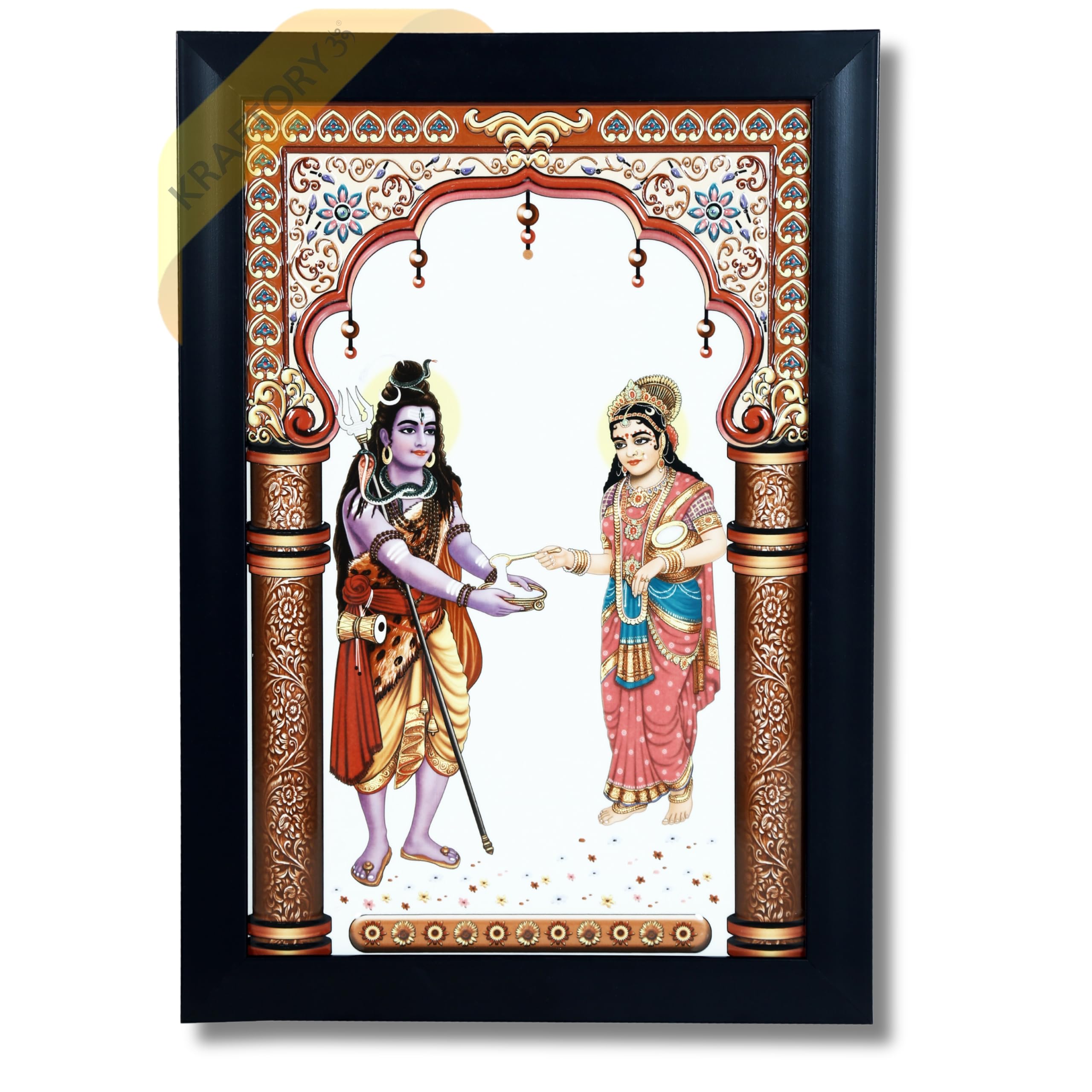 KRAFTORY369 Annapurna Maa Shiv Parwati God Picture Ceramic Pottery Tiles (10x15 inch) With Photo Frame | for Wall Hang, Home Entrance, Puja Room, Temple, Office | Religious Art Decoration Gift Item