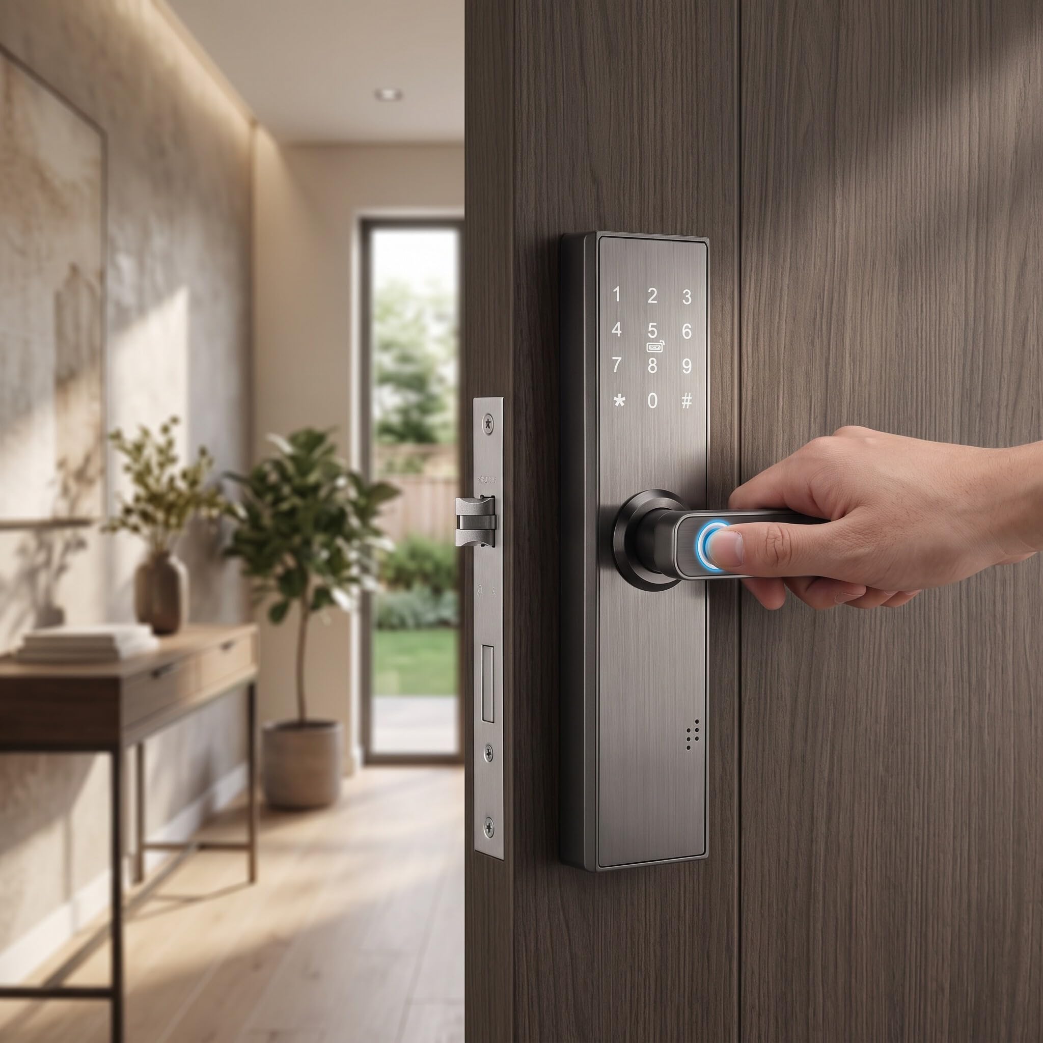 Cerradura de Puerta Inteligente, WiFi Pantalla Táctil Contraseña de Huella Digital Tarjeta IC Serrure de porte intelligente con Llave Mecánica Digital Aplicación Tuya Manija Reversible