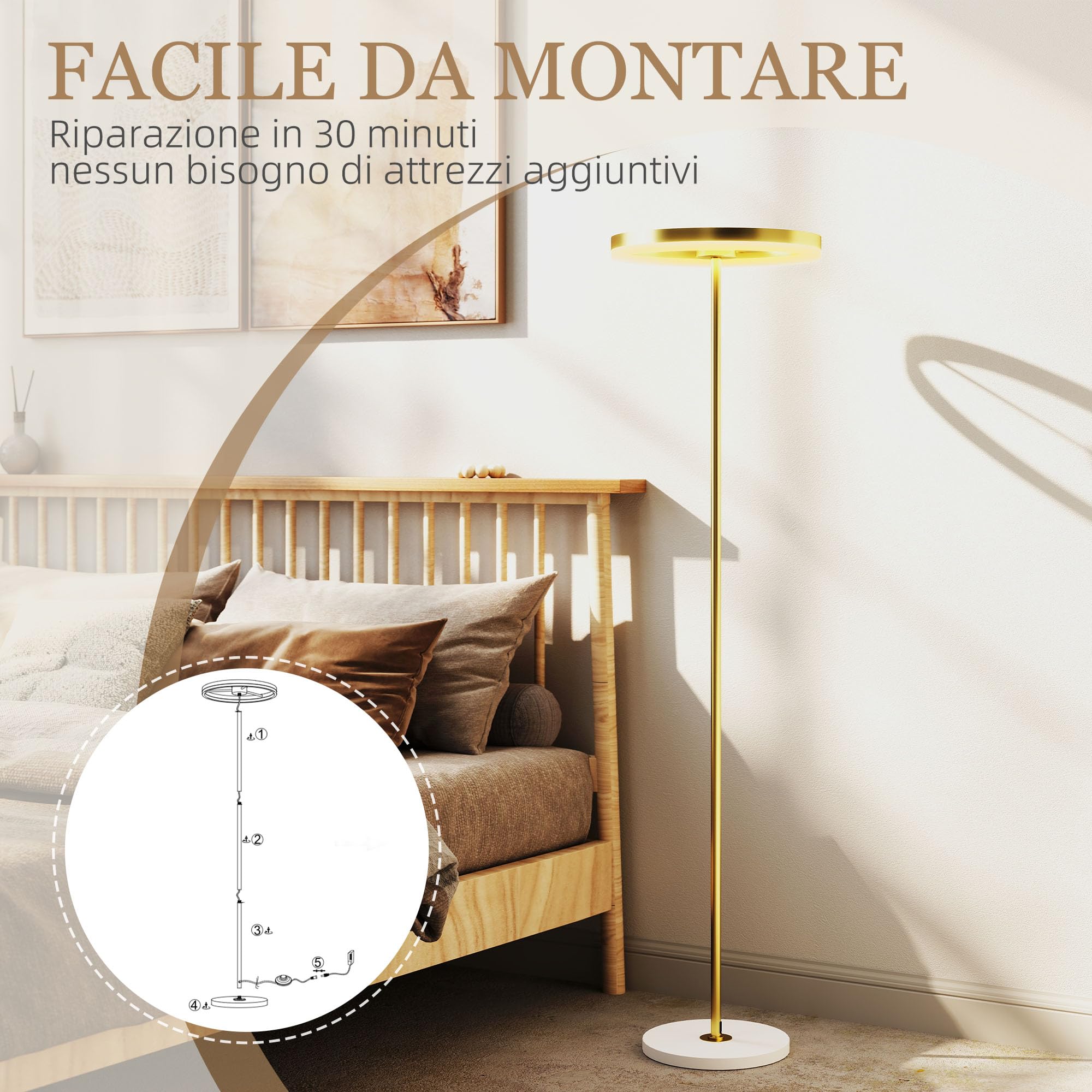HOMCOM Lampada da Terra Moderna Luce LED Dimmerabile 3 Luminosità Oro | Lampada a Piantana, Paralume in Acrilico, Interruttore a Pedale, per Camera da Letto e Soggiorno