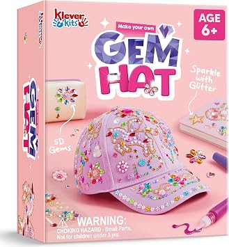 Klever Kits Gem Hat Kit for Girls, Decorate Your Own Baseball Cap with Gems Stickers, DIY Craft Kits for Kids Girls Toys Age 6-8