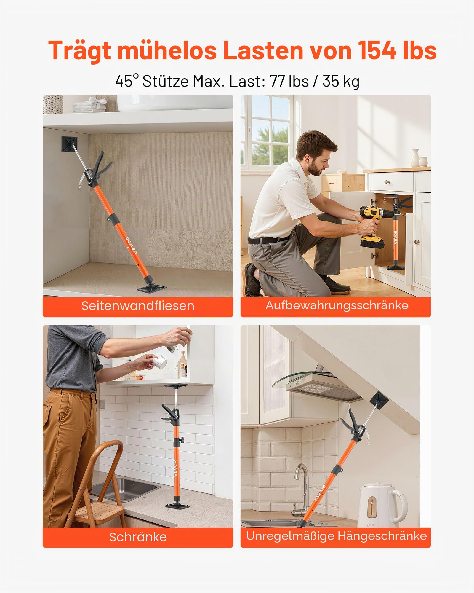 VEVOR Einhandstütze, 2 Stk., Deckenstütze 53–155cm, Teleskopstütze aus Stahl, Montagestütze bis zu 70kg Kapazität zum Installieren von Schränken, Anheben von Trockenbauwänden, Frachtstangen
