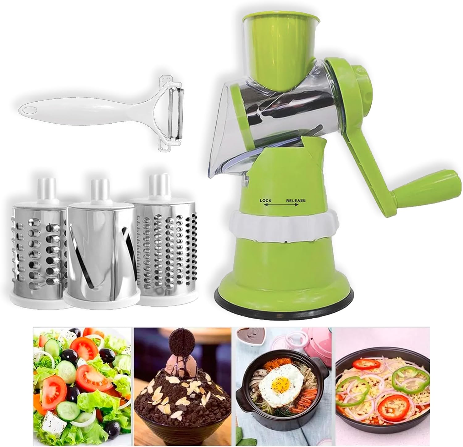 Rallador de manivela de tambor rotativo, trituradora manual de queso y verduras con tambores de acero inoxidable, fácil de limpiar, verde y blanco