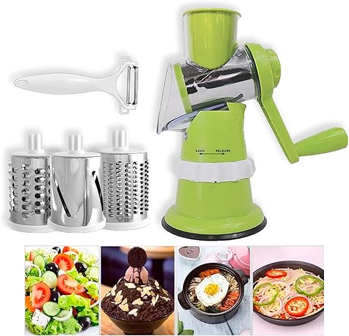 Rallador de manivela de tambor rotativo, trituradora manual de queso y verduras con tambores de acero inoxidable, fácil de limpiar, verde y blanco