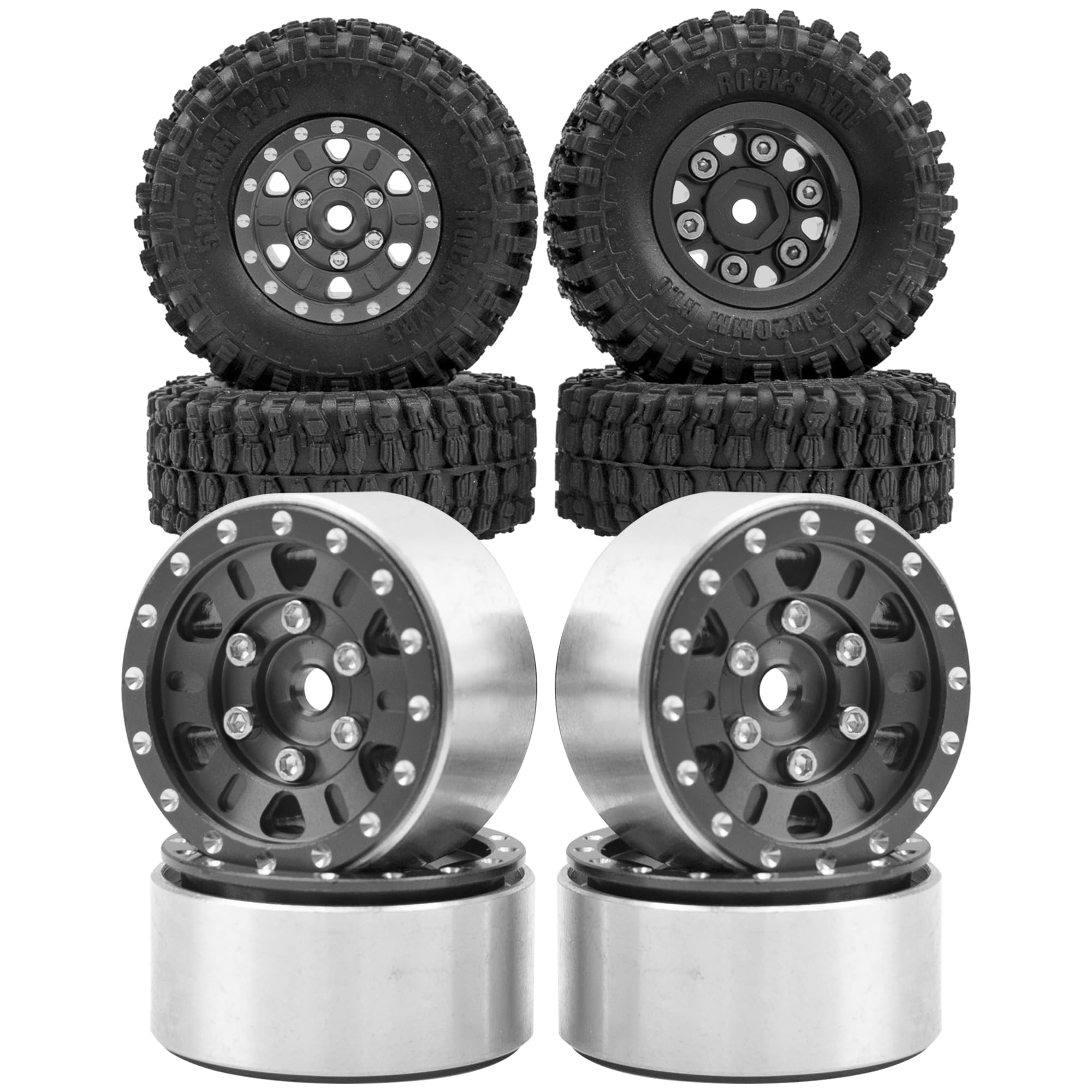 1.0" SCX24 Beadlock Wheels 7mm Hex Wheel Rims & Rubber Crawler Tires Set & 1.0" SCX24 Beadlock Wheels Rim 7mm Hex Wheel Rims