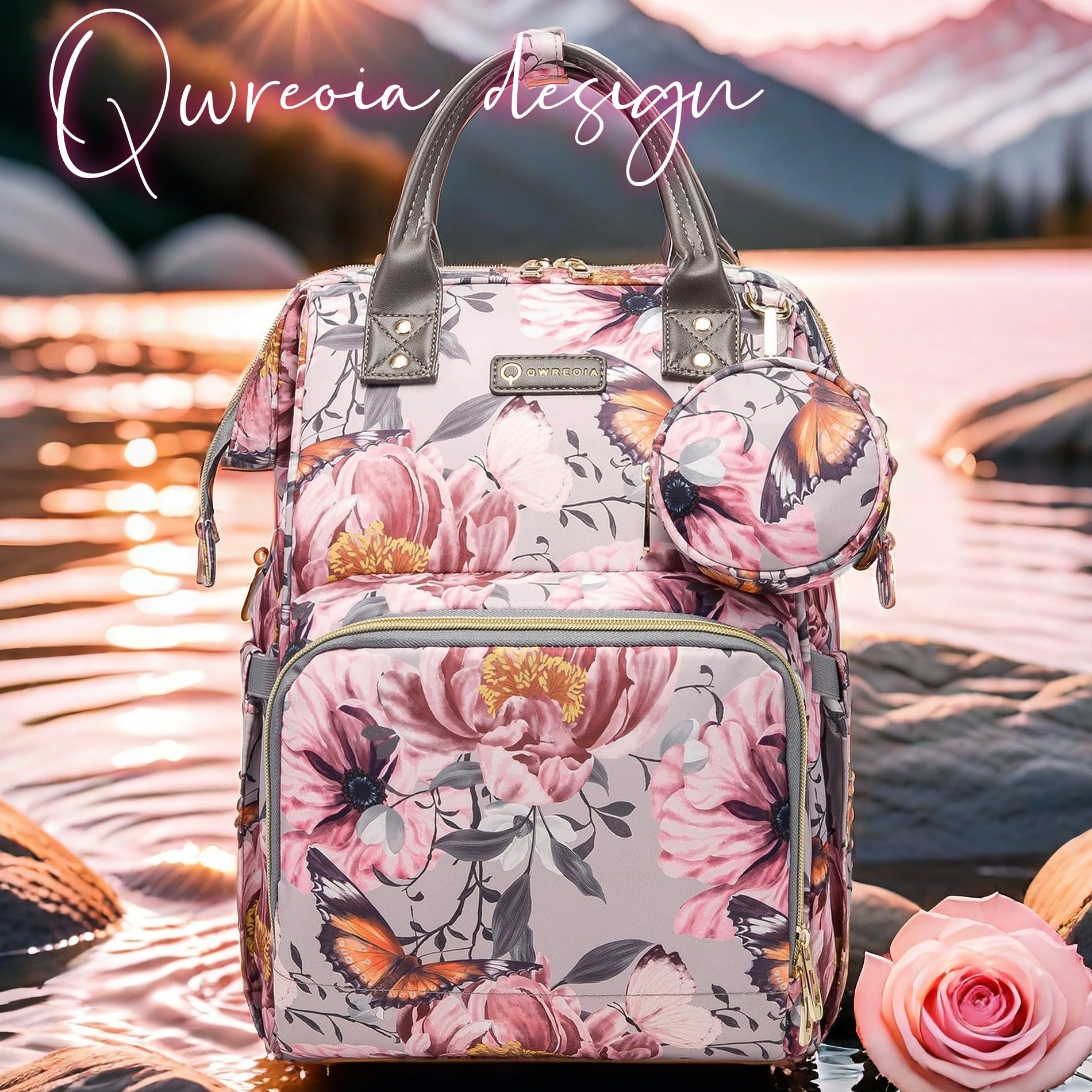Borsa per pannolini con motivo floreale, con portamonete, porta di ricarica USB, cinghie per passeggino e tasca isolata, zaino da viaggio per donne/mamme (motivo floreale grigio rosa)