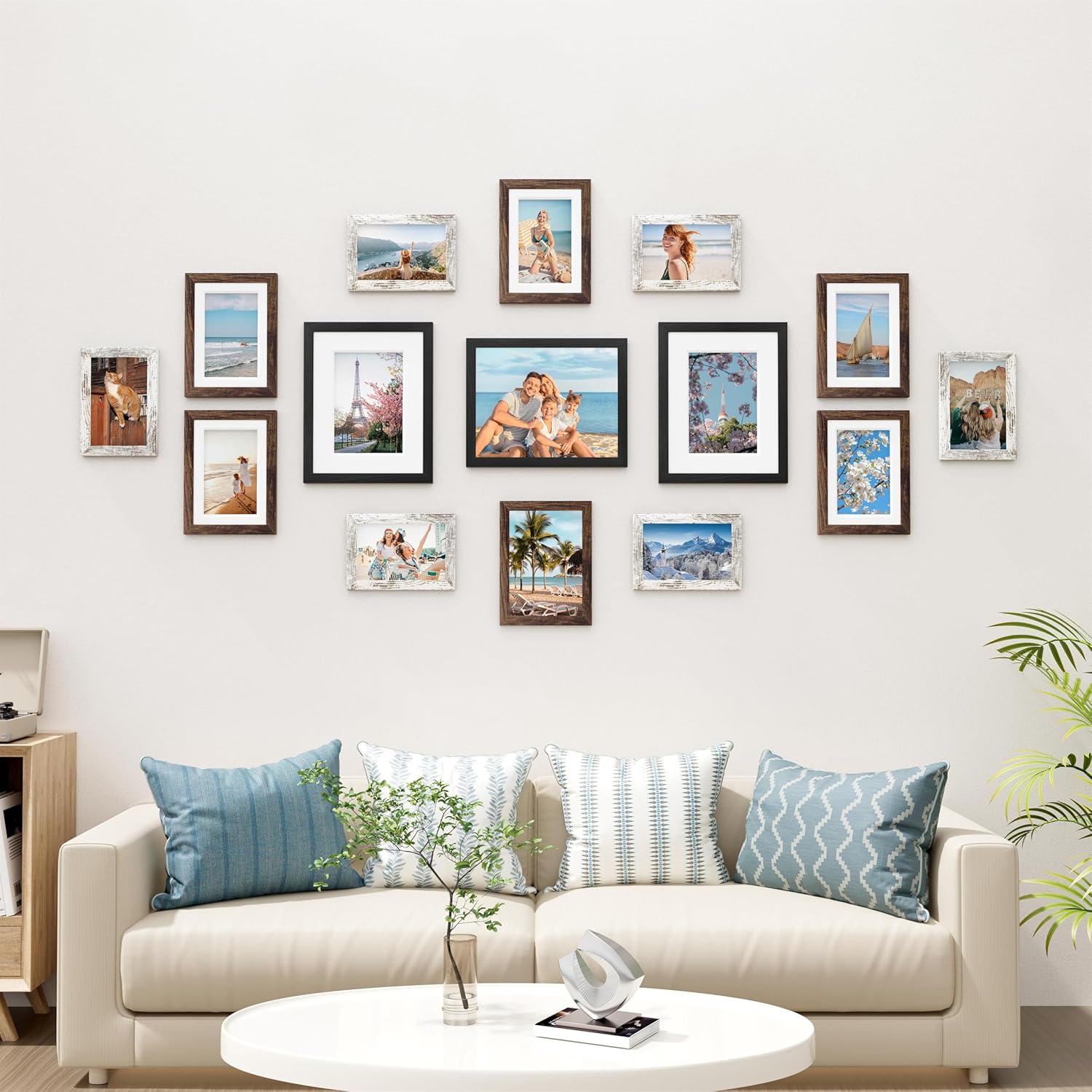 Vittanly 15 Pack Picture Frames Collage Wall Decor for Mounting or Tabletop, Gallery Frame Set for Family, Multi Sizes Including 3pcs 8x10, 6pcs 5x7, 6pcs 4x6, Black, Brown and Distressed White - Image 2