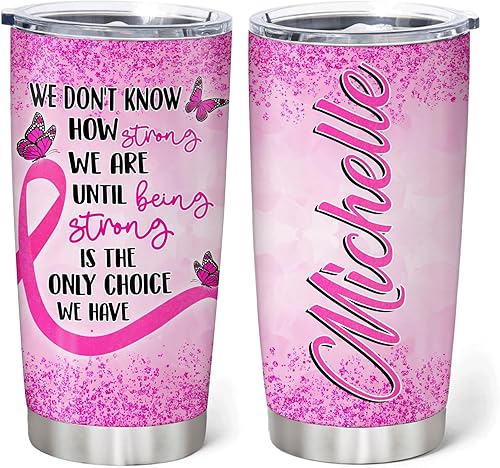 Hyturtle Regalos personalizados de concientización sobre el cáncer de mama para mujeres, vaso de acero inoxidable con nombre personalizado, café de