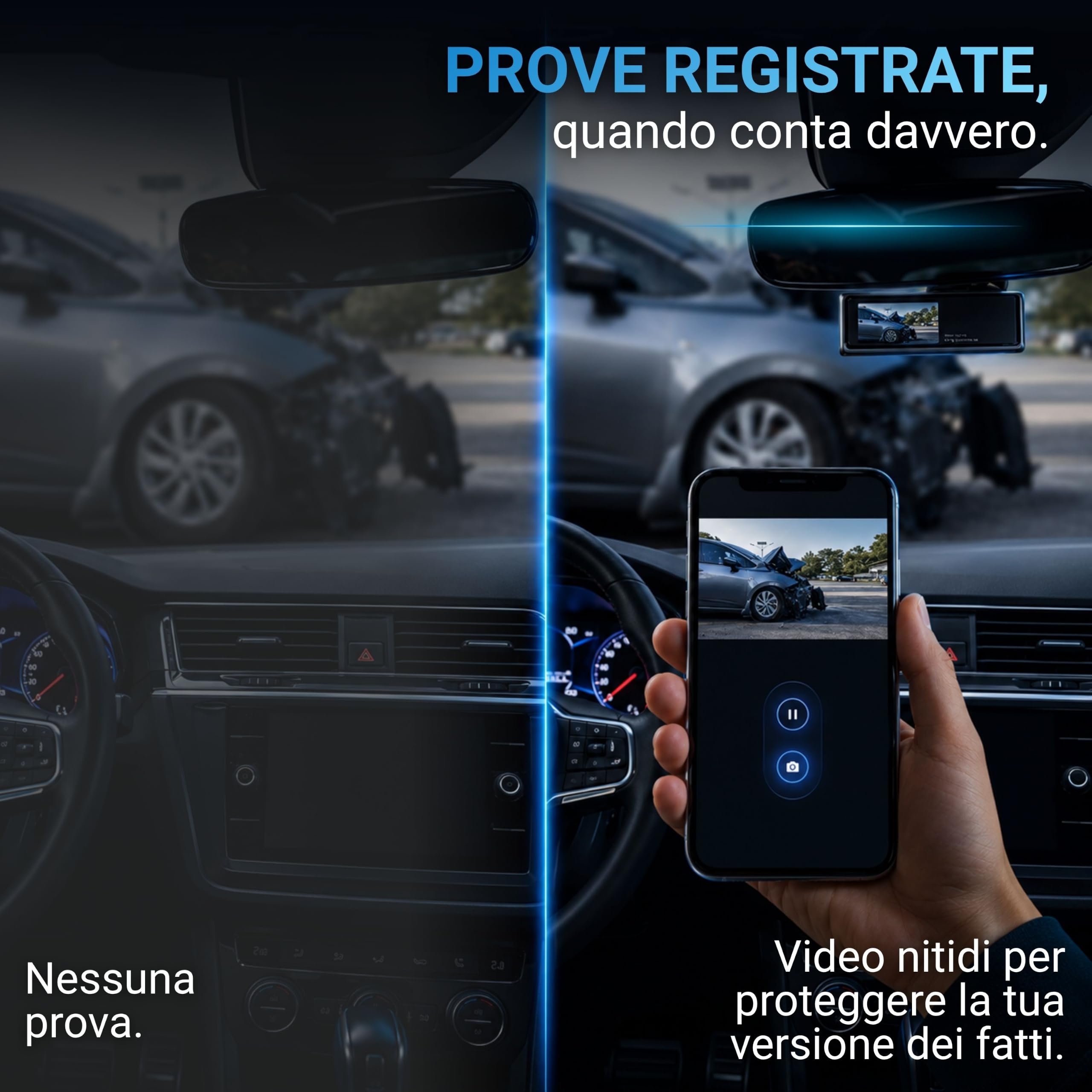 AutoSky Dashcam 2K Ultra HD 1440P Telecamera Auto WiFi, Grandangolo 140°, Controllo via App, Visione Notturna, Sensore G Rilevamento Urti, Registrazione Loop, Design Compatto ADC-201, Nero