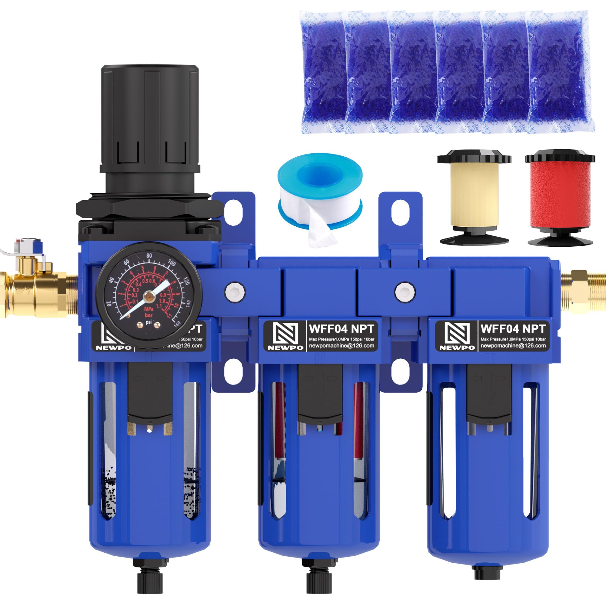 NEWPO Combo regulador de filtro de compresor de aire NPT de 3 etapas de 1/2 pulgada, separador de agua del compresor de aire con secador desecante, latón de 5 μm y filtro coalescente de 0,01 μm