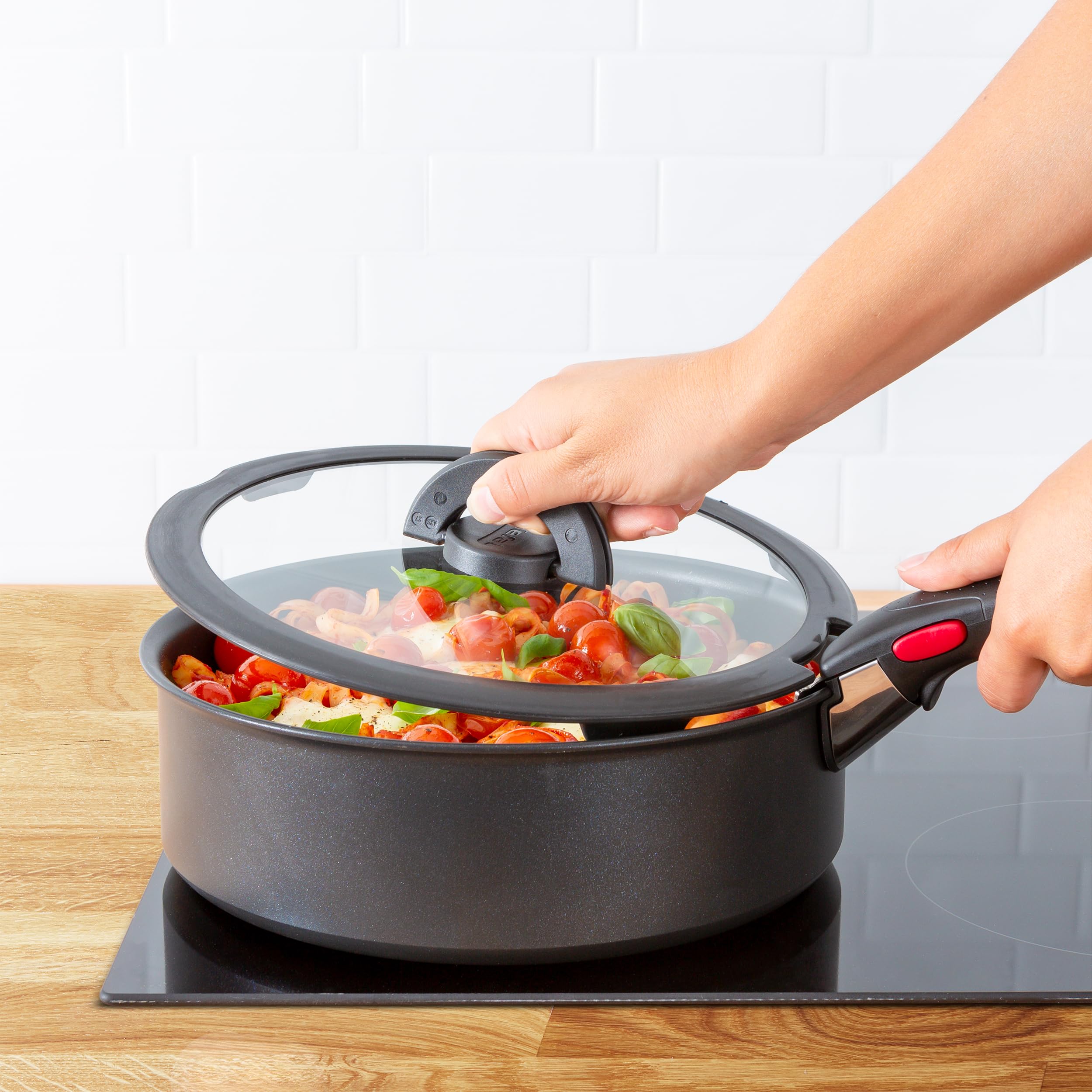 Tefal Ingenio Glasdeckel 3-tlg. Set 16/18/20 cm mit Klappgriffen, kompatibel mit Ingenio Topf und Pfannensets, stapelbar, platzsparendes Design, spülmaschinengeeignet, beschleunigt Garzeit, L98491