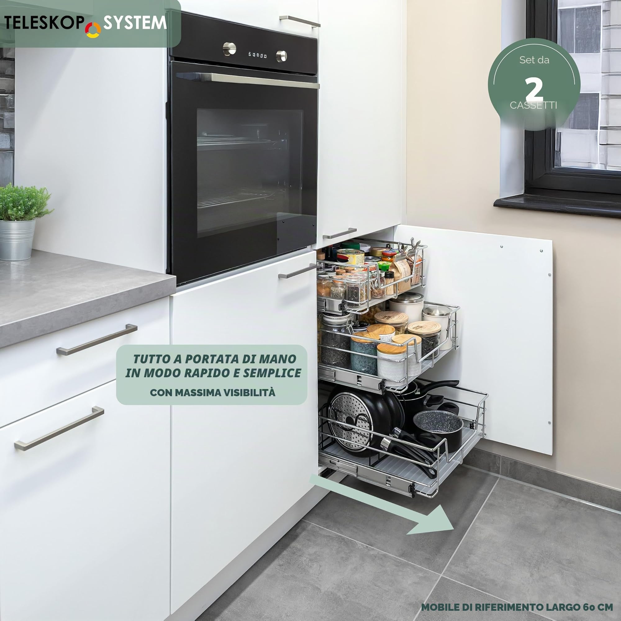 bremermann Set di 2 cassetti telescopici - 45 cm con ripiano, cassetto da cucina per installazione successiva, estrazione completa con guide telescopiche, ideale per cucina, bagno e camera da letto