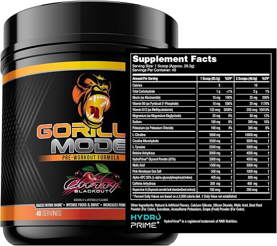 Gorilla Mode Pre Workout (Cherry) + HydroPrime Glycerol Pre Workout - Comprehensive Stack for Hyper-Hydration, Pump, Power, Endurance, and Thermoregulation