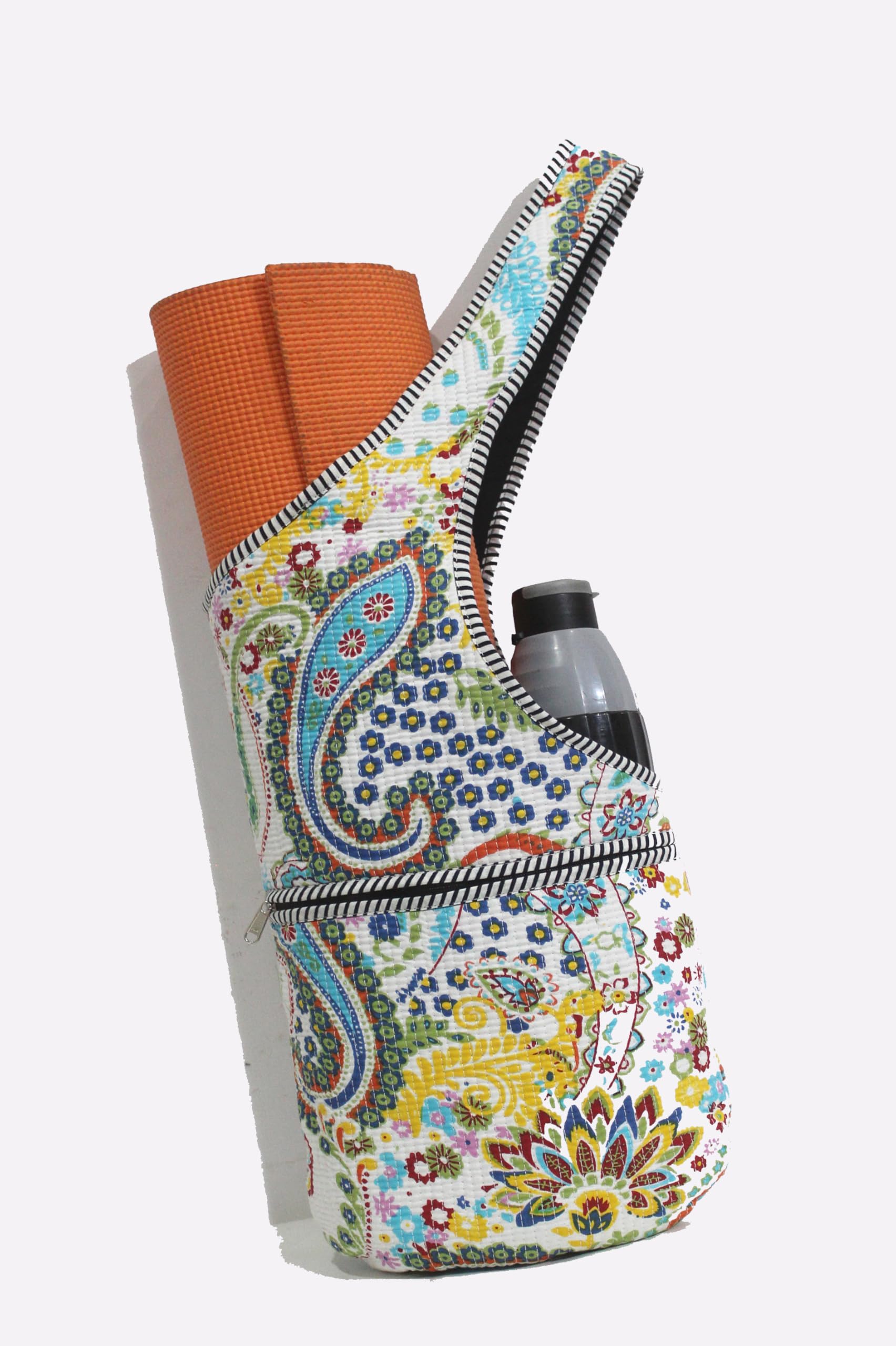 INDIAN CRAFT CASTLE Yoga Mat Bag | Tote Mat Bag | Sling Yoga Tote w/Large Side Pocket & Zipper Pocket | Yoga Mat Carrier Fits Most Size Mats (White Paisley)