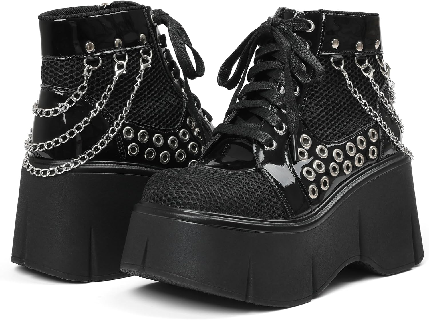 Women's Black Platform Boots Wedge Goth Round Toe Lace Up Chain Mesh Punk Combat Ankle Booties - Image 6