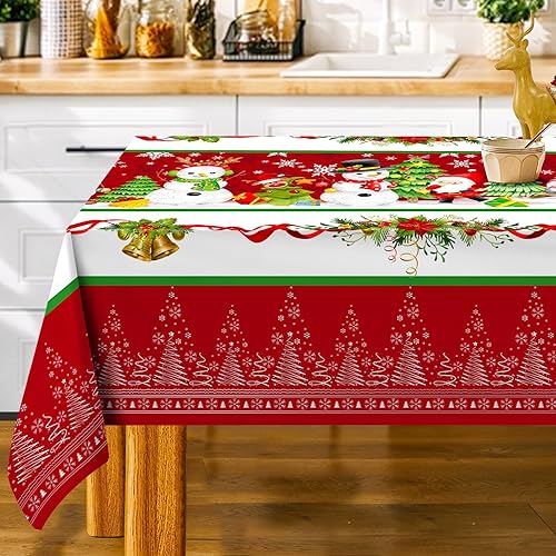 Christmas Tablecloth Rectangle 60 x 120, Christmas Tree Poinsettia Tablecloths with Snowflake Holiday Red Table Cover Decorations for Dining Room Kitchen Outdoor