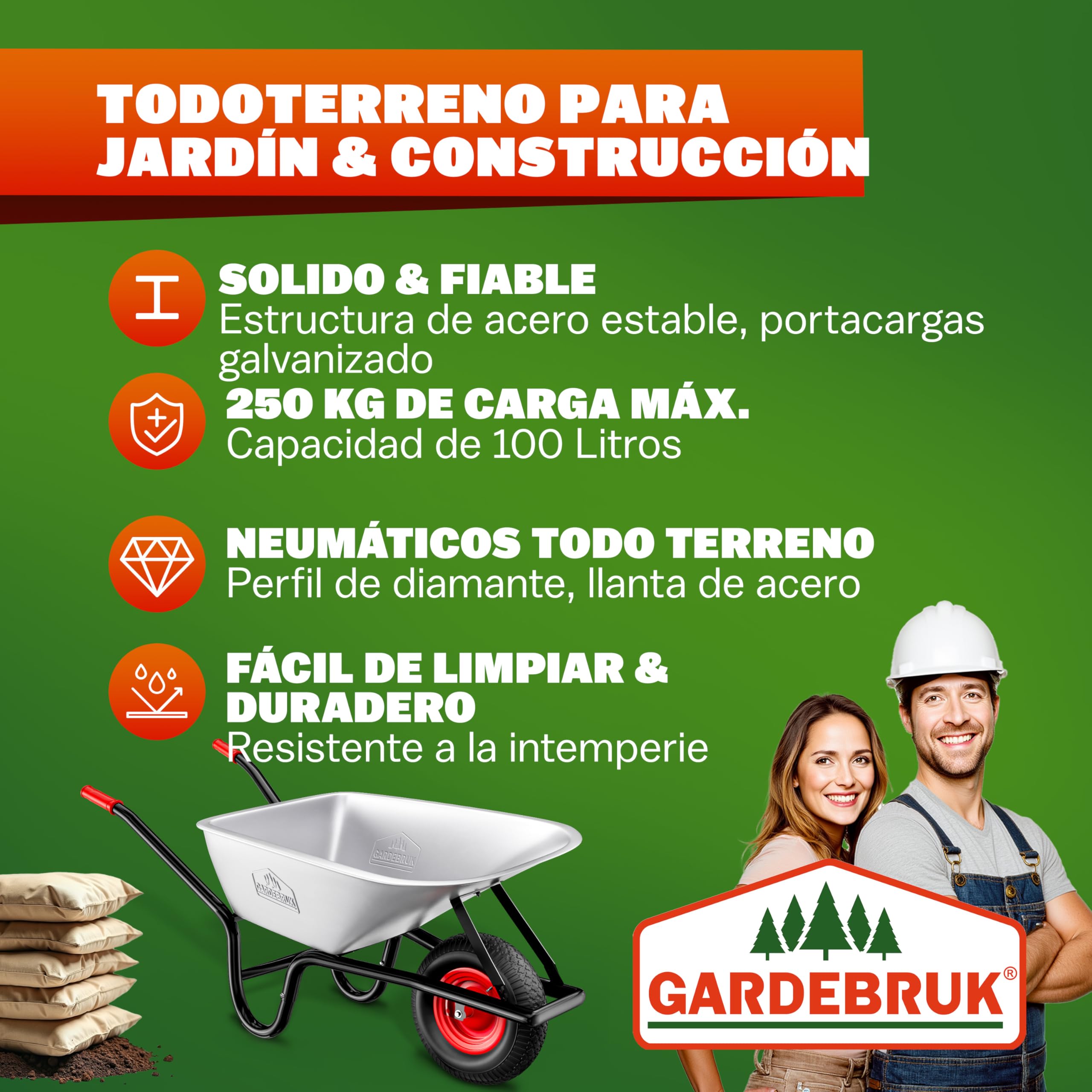 GARDEBRUK® Carretilla de Obra 100 L Capacidad Carga 250 Kg Acero galvanizado Rueda 40 cm Resistente Llanta Acero Herramienta Jardinería Construcción