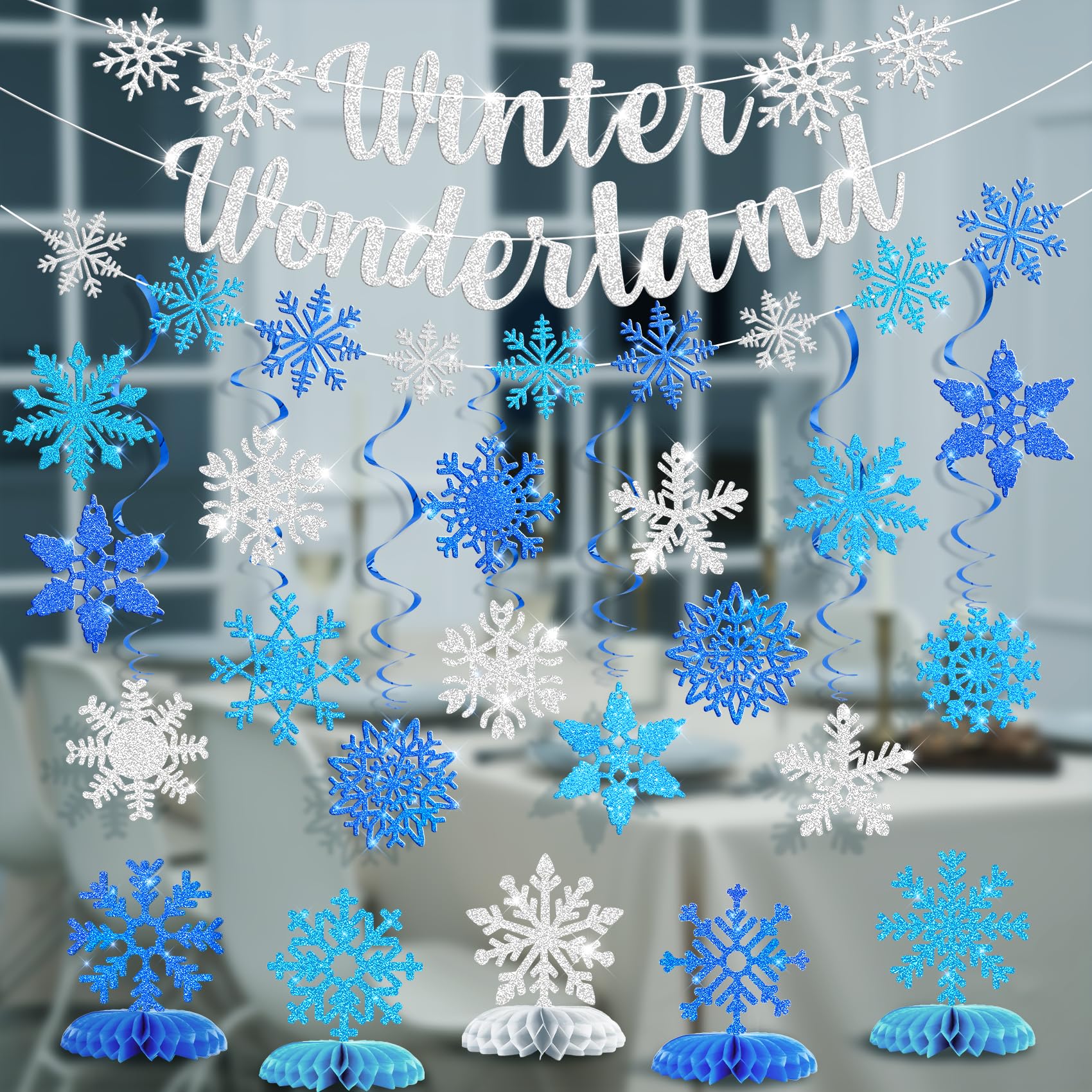 Ouddy Life 36 Pcs Winter Wonderland Christmas Decorations, Hanging Snowflake Swirls Ceiling Streamers, Glitter Paper Spiral Snowflakes Ornaments Banners Honeycomb for Xmas Frozen Party Birthday Decor