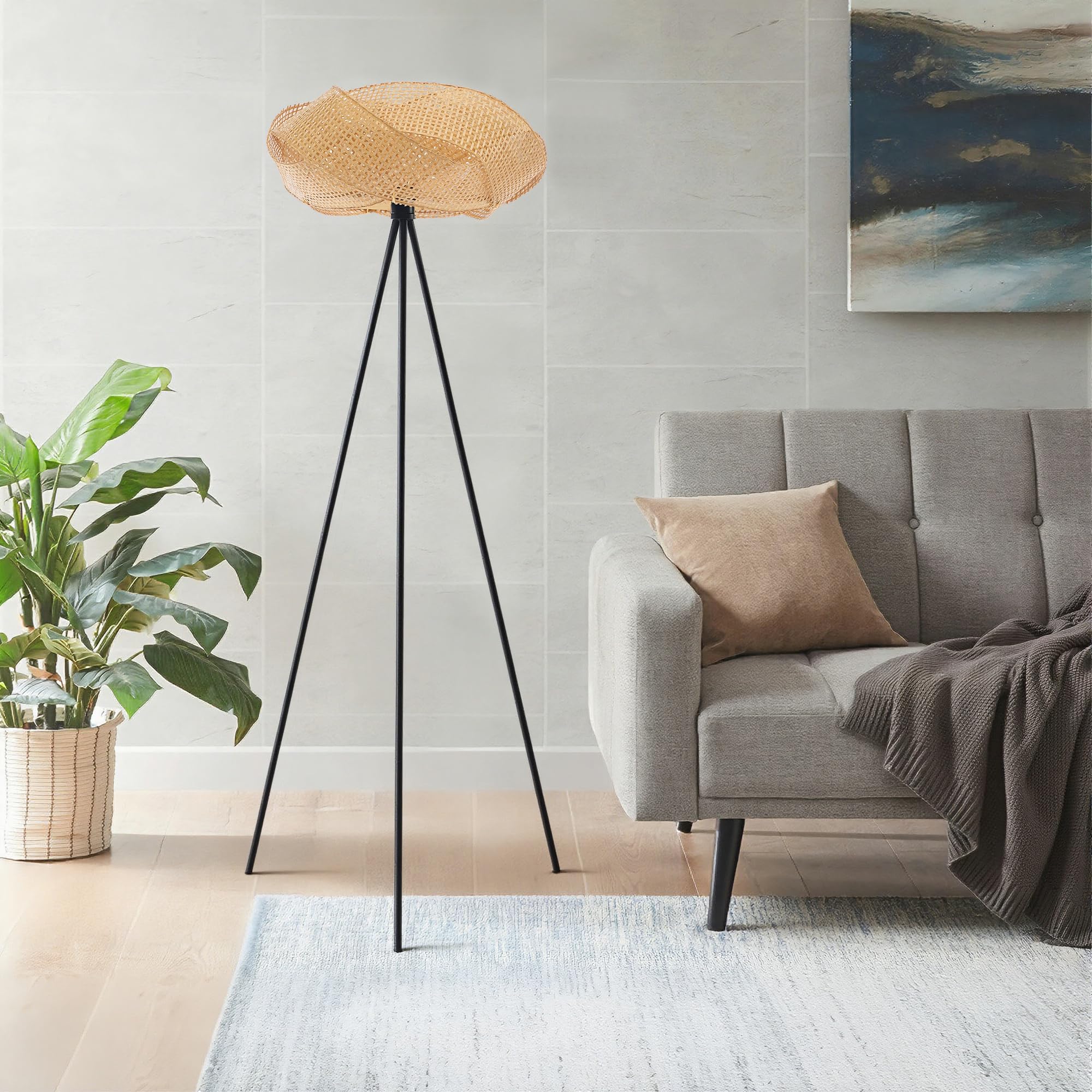 Handwoven Bamboo Tripod Floor Lamp,Boho Lotus-Shaped Woven Floor Lamps with Black Metal Stand,Standard Lamp for Living Room Bedroom Reading,Nature