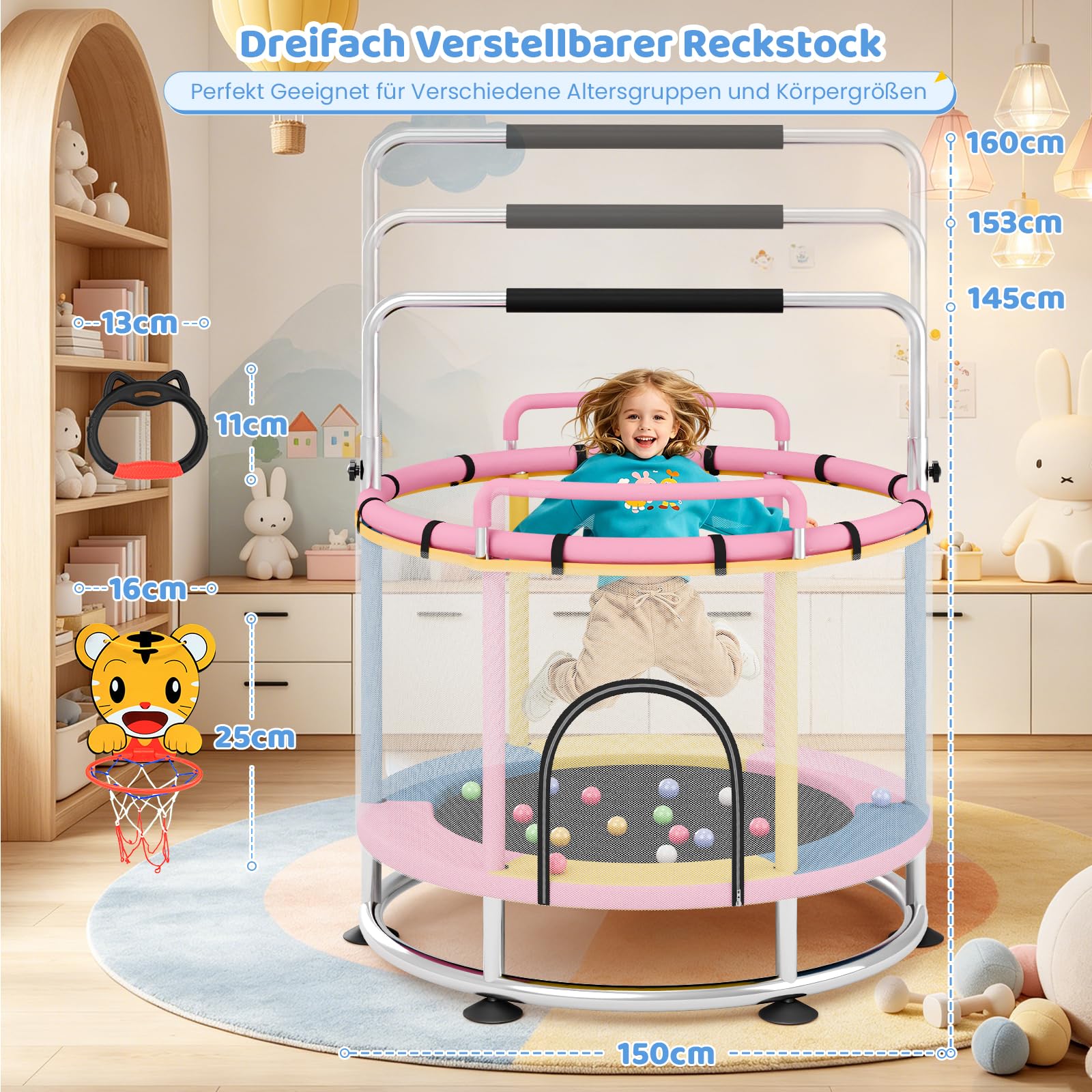Trampoline pour enfants, 150 cm, charge maximale : 250 kg, barre de gymnastique réglable en 3 positions, filet de sécurité, base antidérapante, balançoire, sac de sable