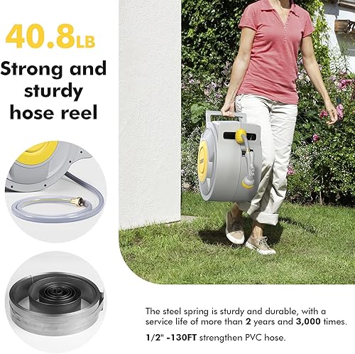 Miniatura 5 de BLUBERY Carrete de manguera de jardín retráctil de 130+6.7 pies y 12 pulgadas, carrete de manguera retráctil de bloqueo de cualquier longitud con