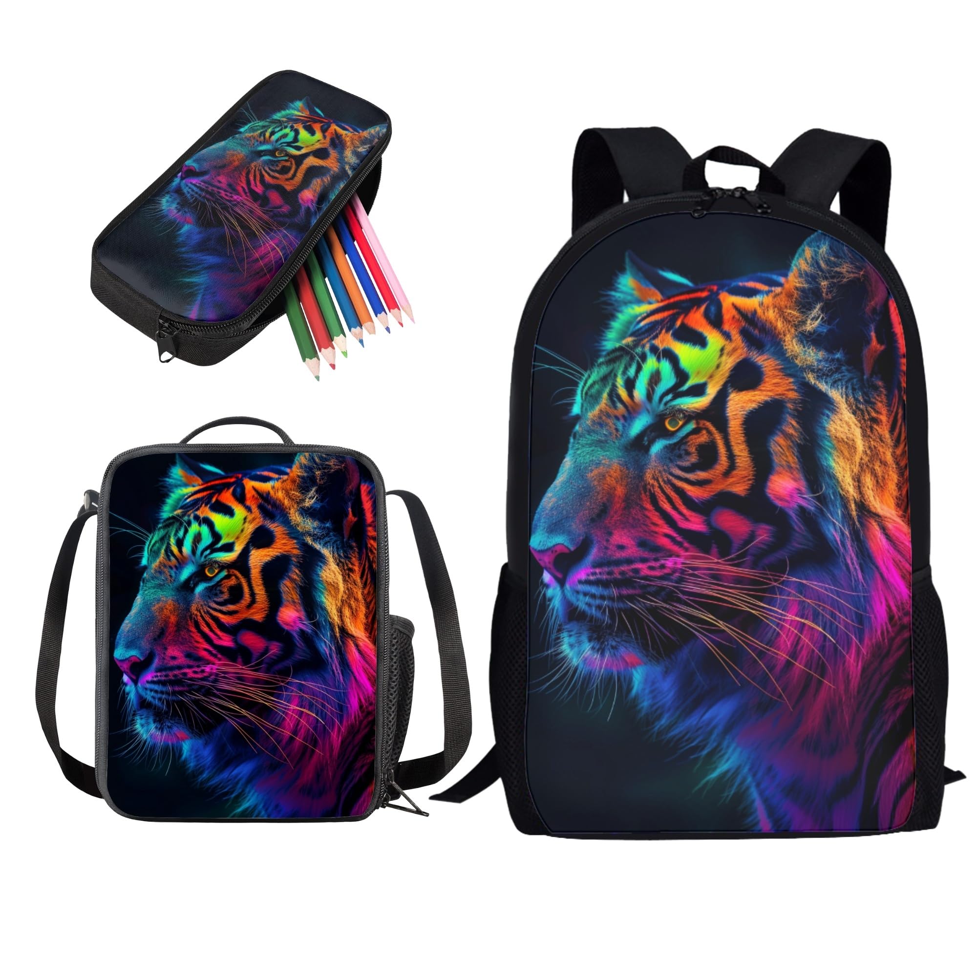 Wanzuoeng 3D Tiger Print Backpack Set for Kids, Lightweight School Bag and Lunch Bag Set for Toddler Boys, 17 Inch Student Backpack Pencil Case Set